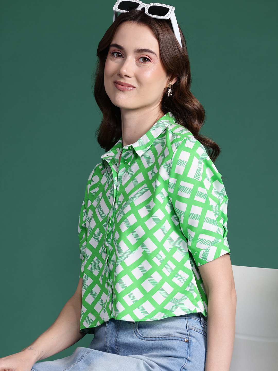 

DressBerry Bizwear Women Printed Casual Crop Shirt, Green