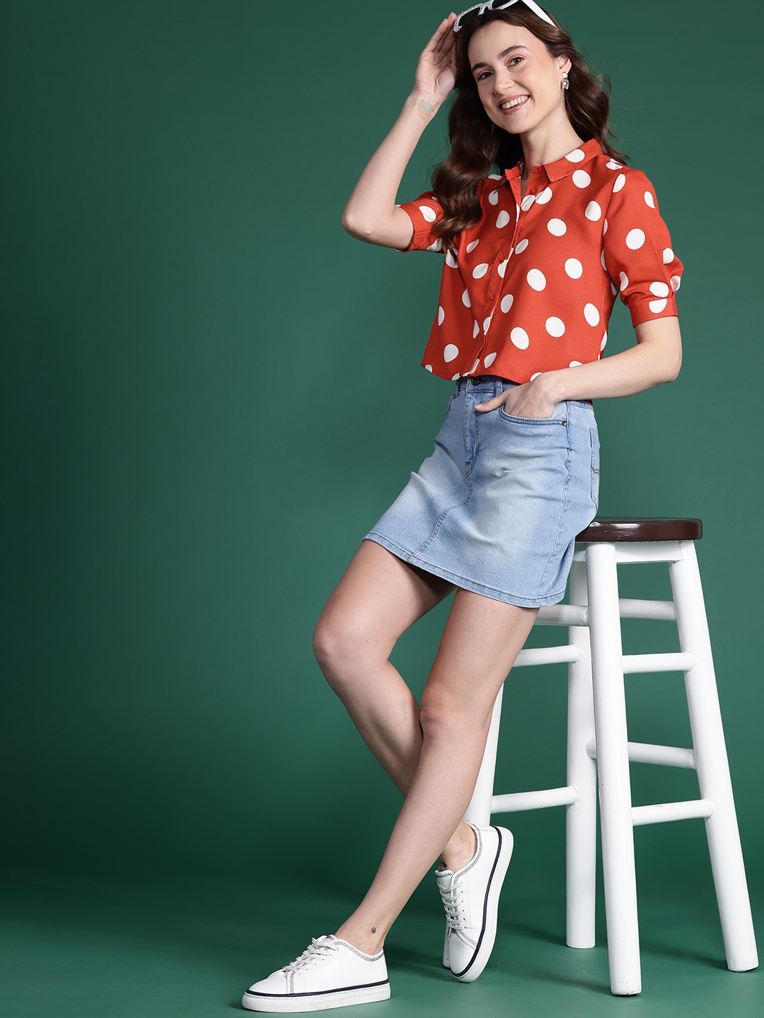 

DressBerry Bizwear Women Polka Dot Printed Casual Crop Shirt, Red