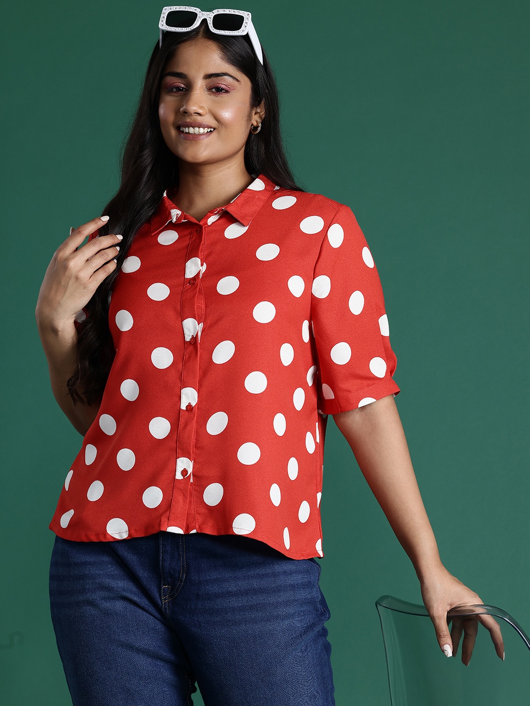 

DressBerry Curve Plus Size Polka Dots Printed Opaque Casual Shirt, Red