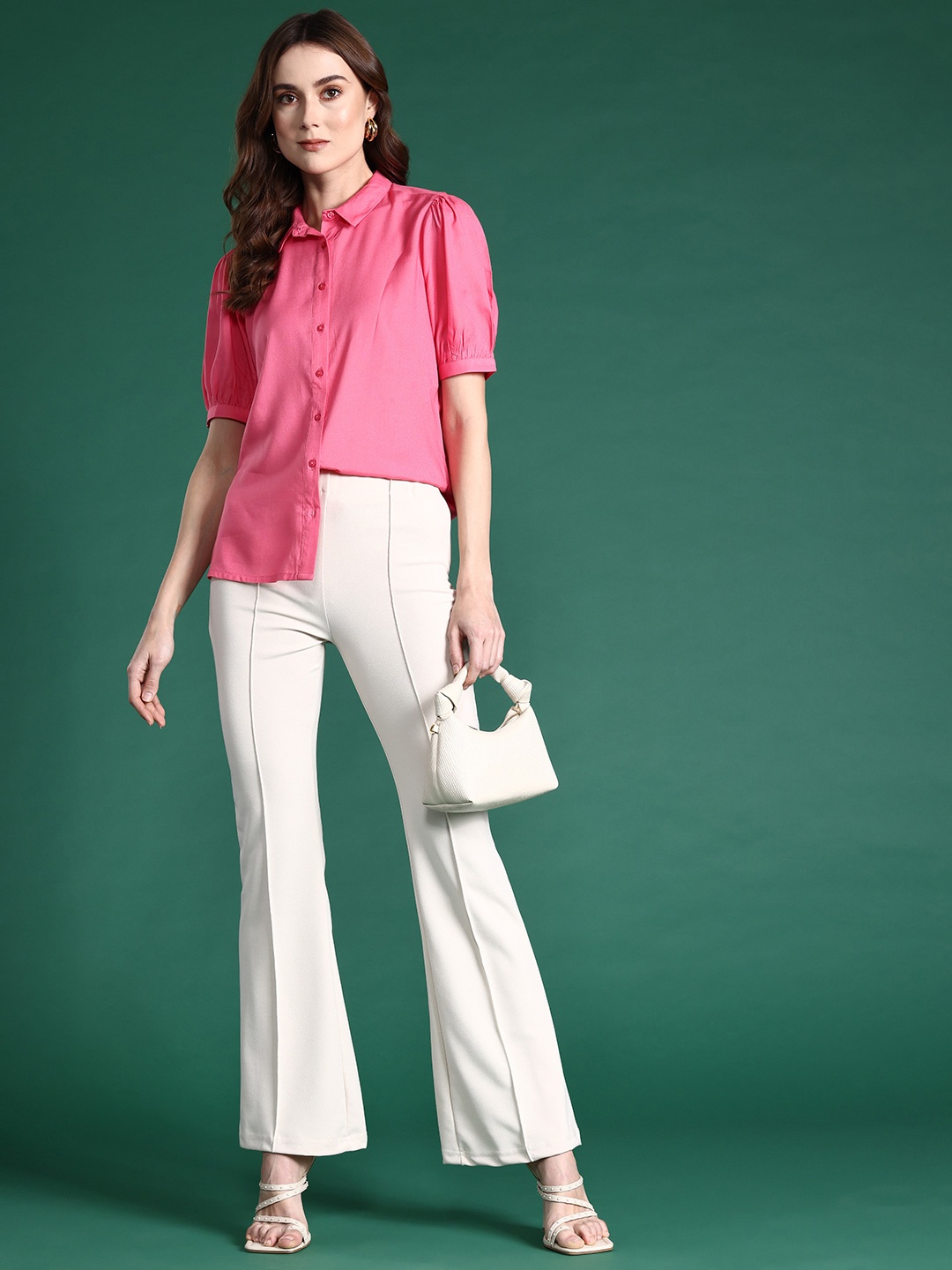 

DressBerry Bizwear Puff Sleeves Smart Casual Shirt, Pink