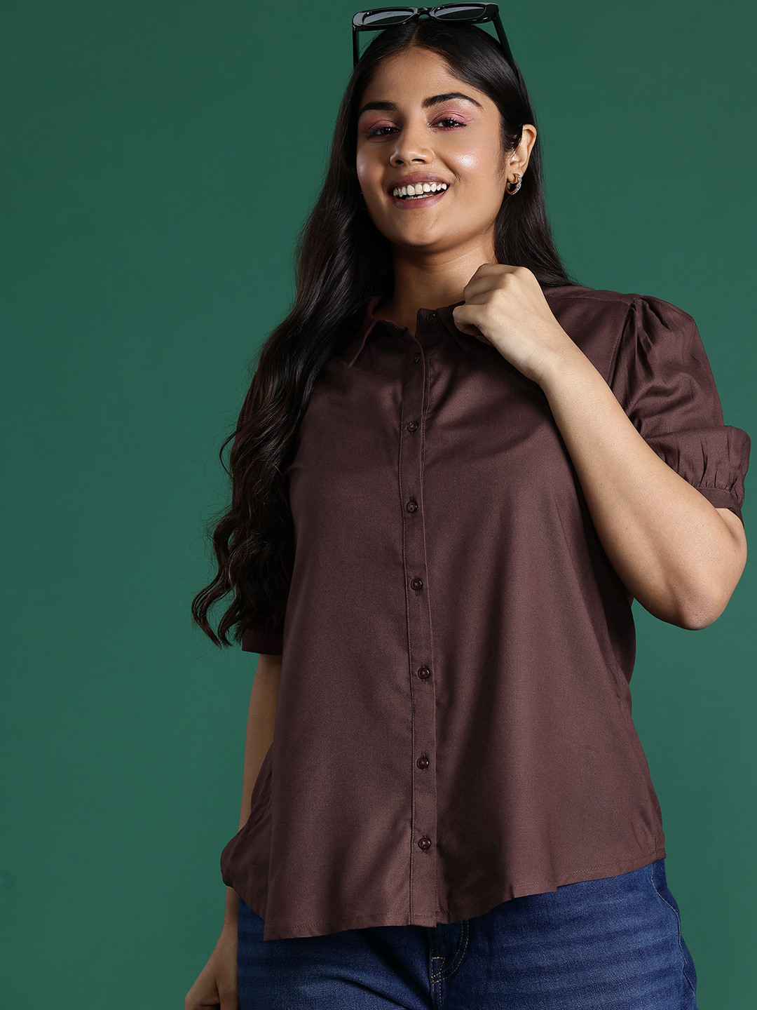 

DressBerry Curve Plus Size Opaque Casual Shirt, Coffee brown