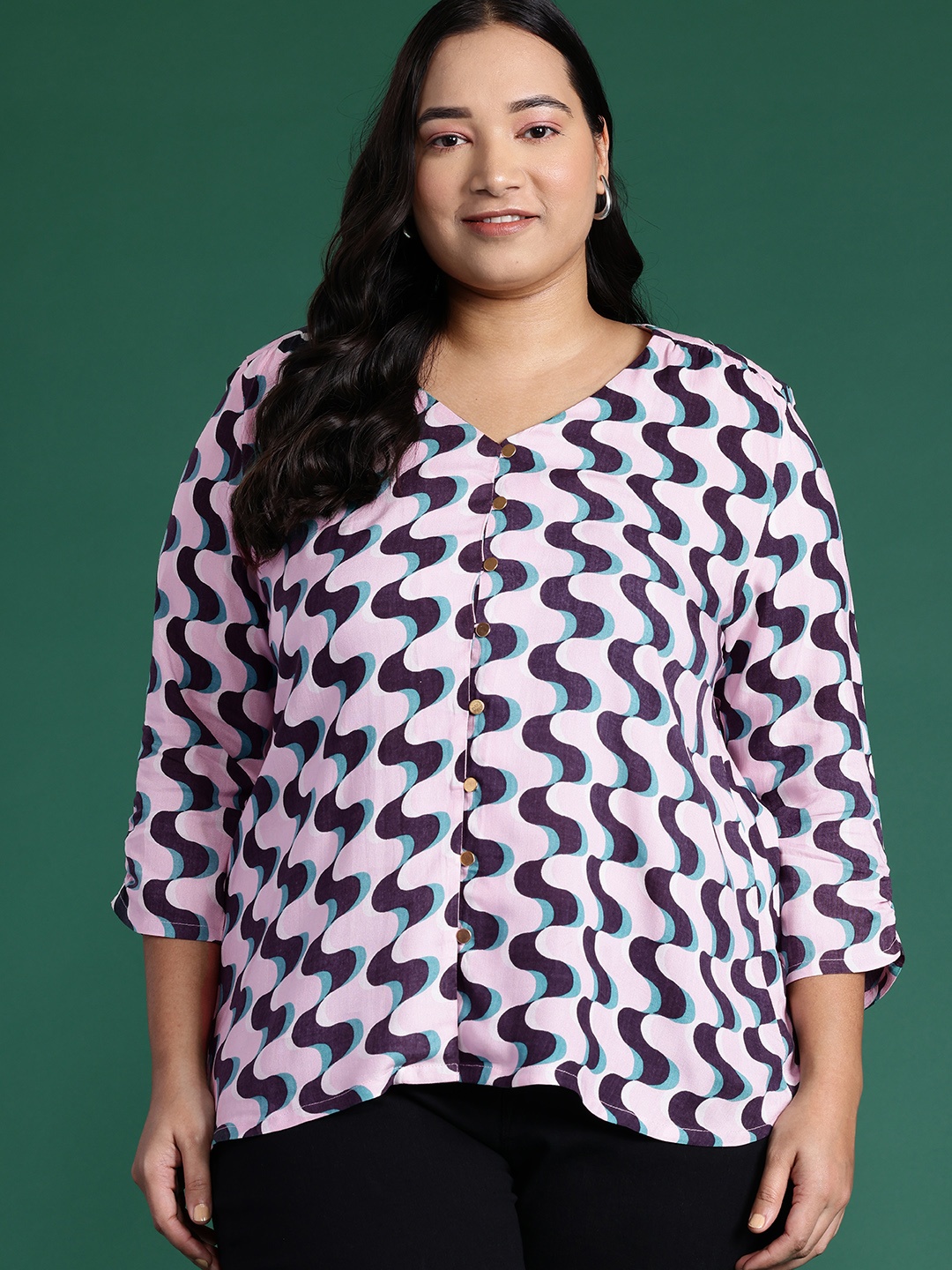 

DressBerry Curve Plus Size Printed Shirt Style Top, Pink