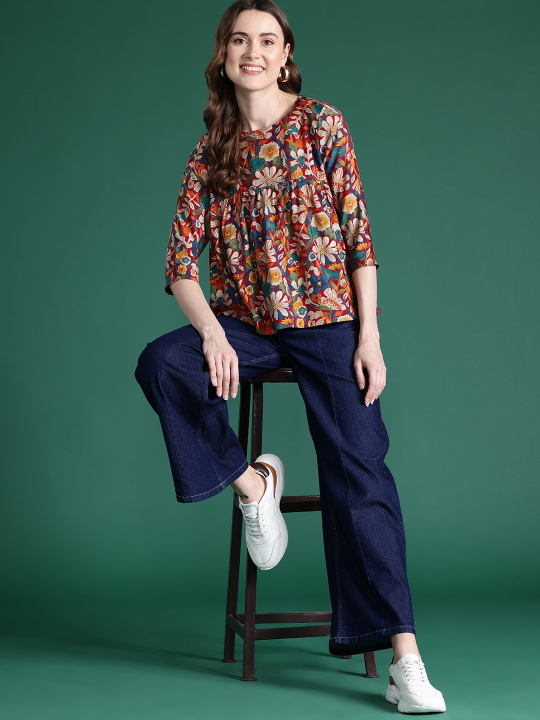 

DressBerry Floral Printed A-Line Top, Brown