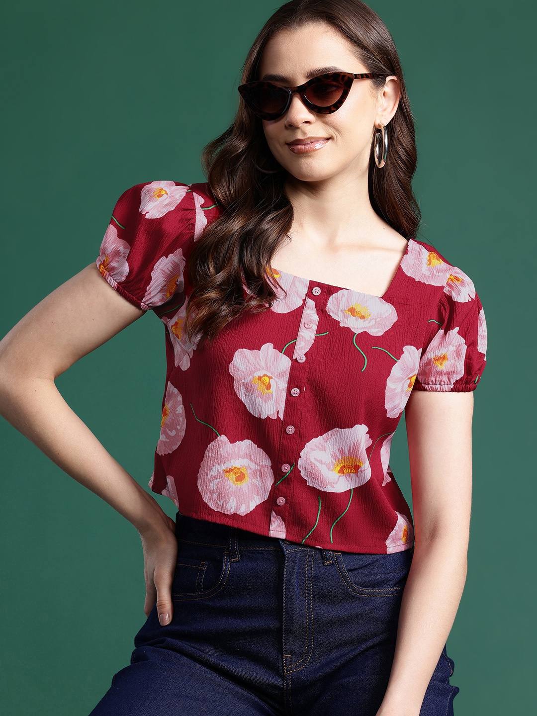 

DressBerry Floral Print Puff Sleeves Crop Top, Maroon
