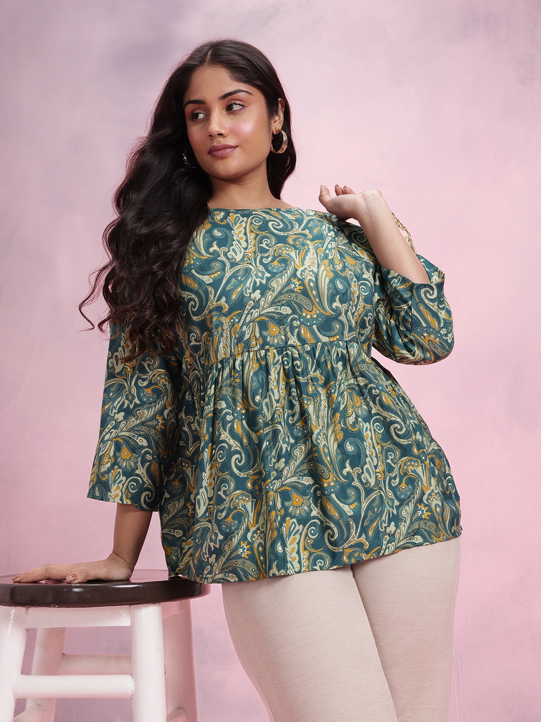 

DressBerry Curve Printed Indie Florals Top, Green