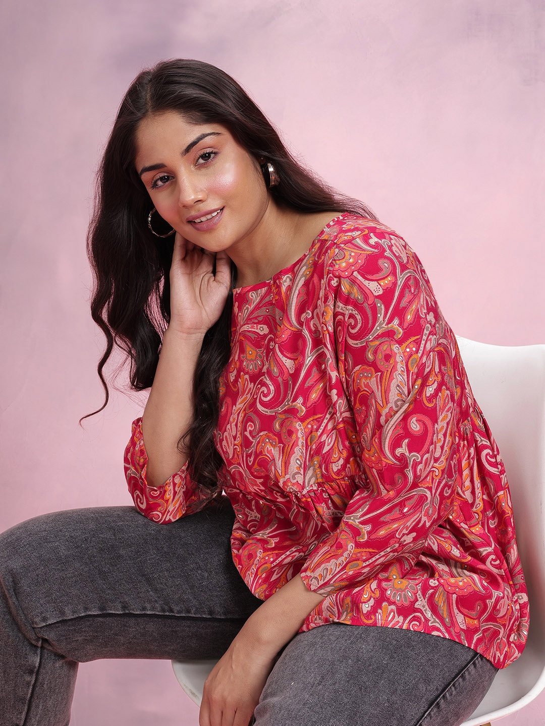 

DressBerry Curve Printed Indie Florals Top, Pink