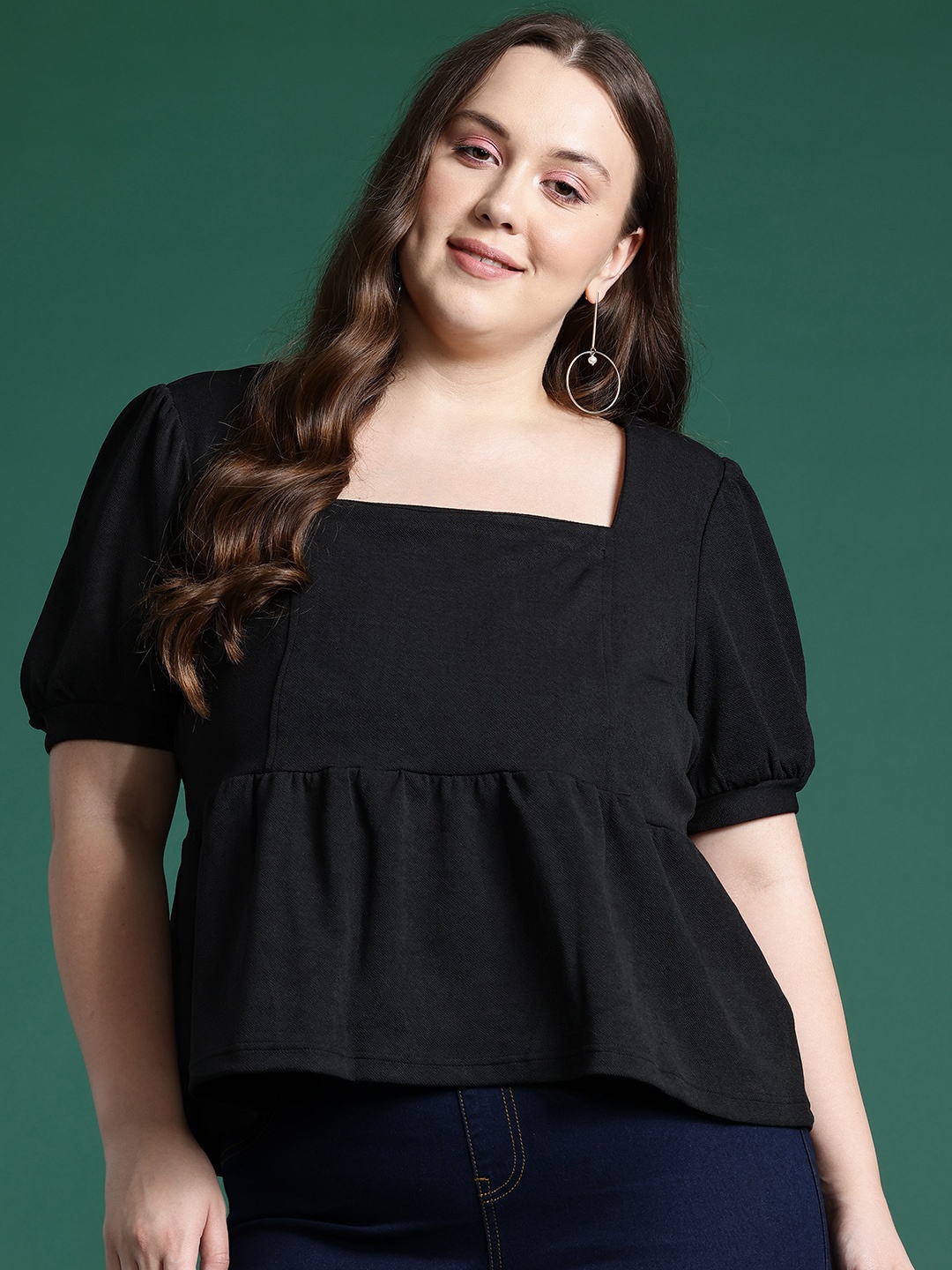 

DressBerry Curve Plus Size Puff Sleeves Empire Top, Black