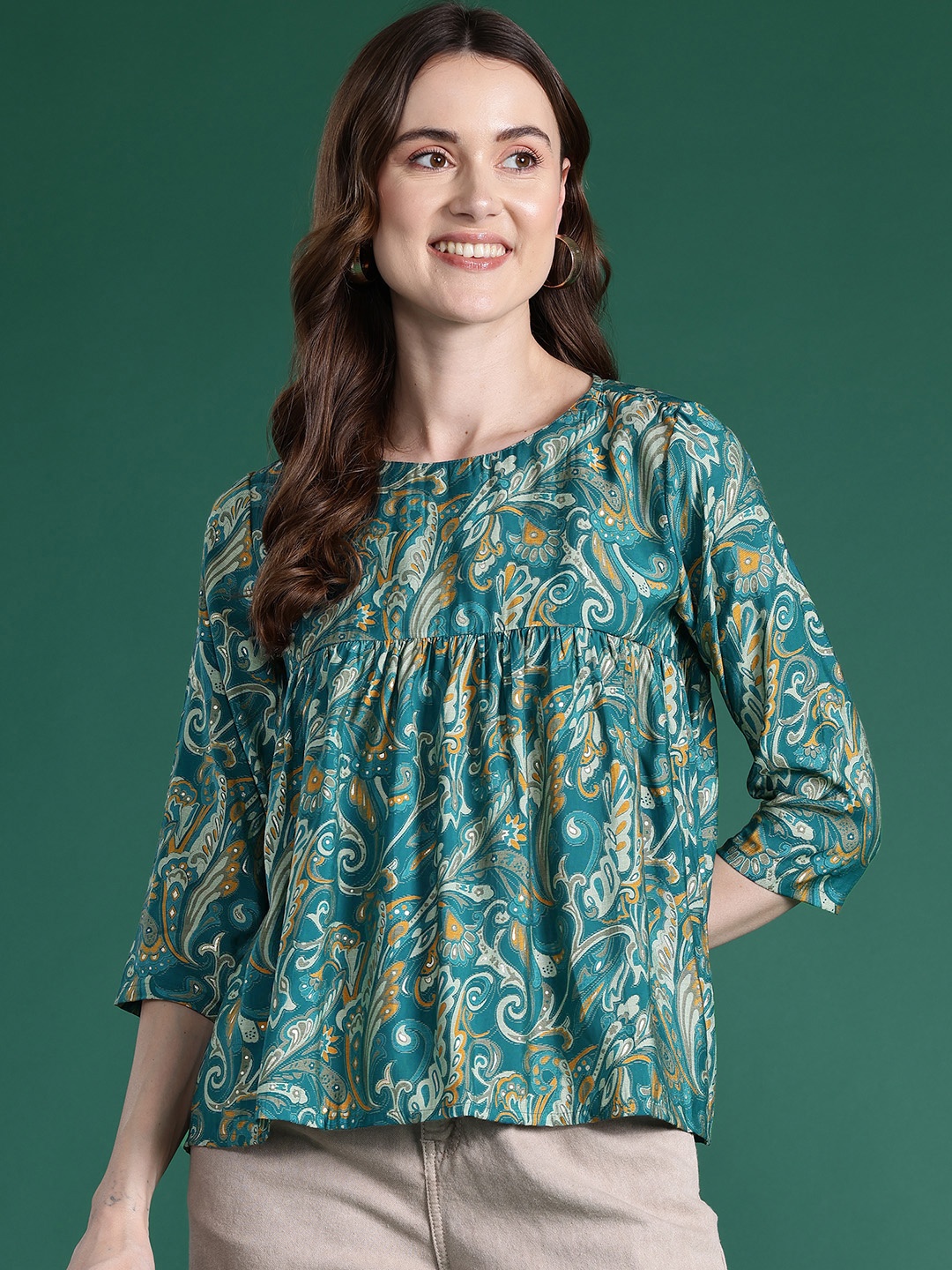 

DressBerry Ethnic Print A-Line Top, Teal