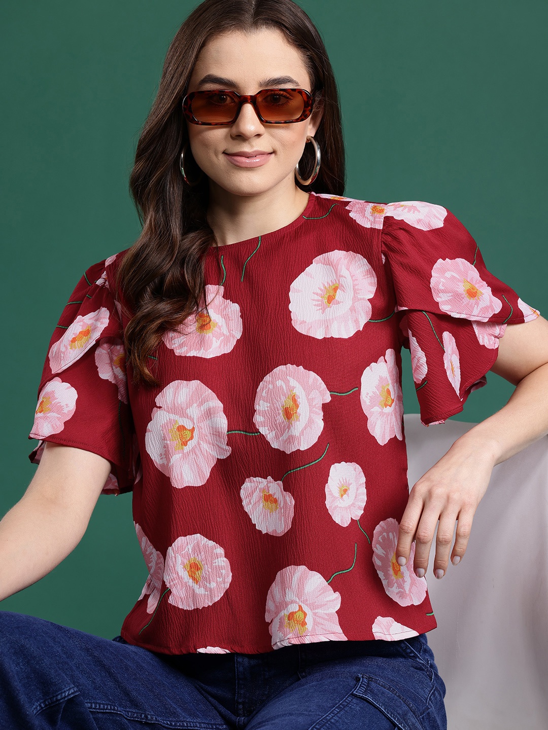 

DressBerry Floral Print Flared Sleeve Top, Red