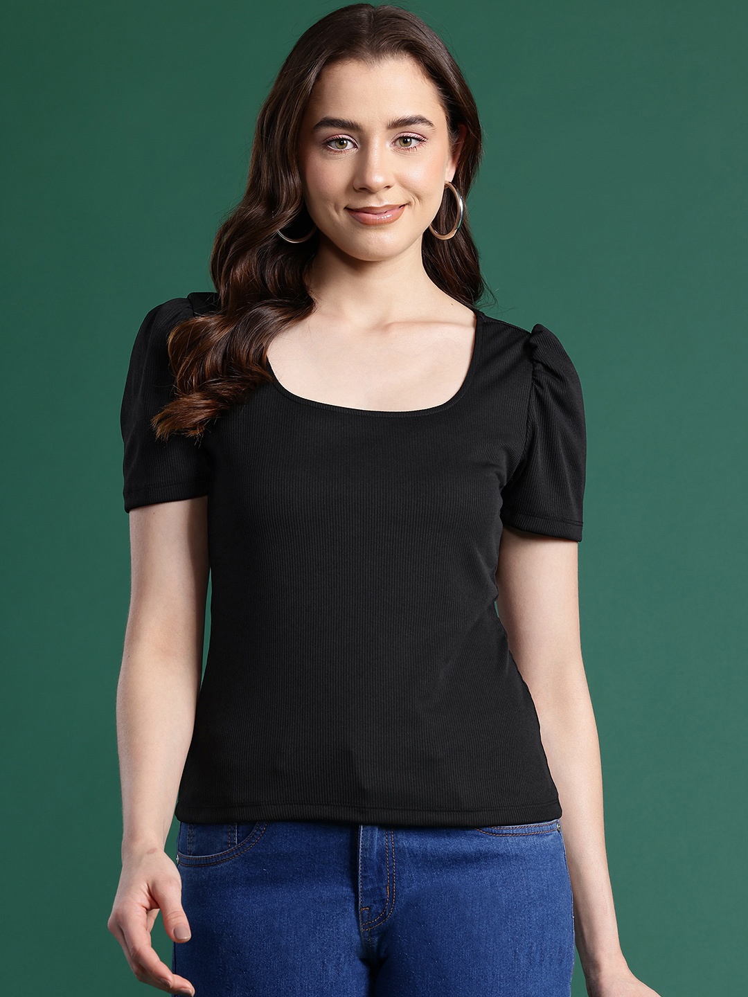 

Dressberry Basics Ribbed Puff Sleeves Top, Black