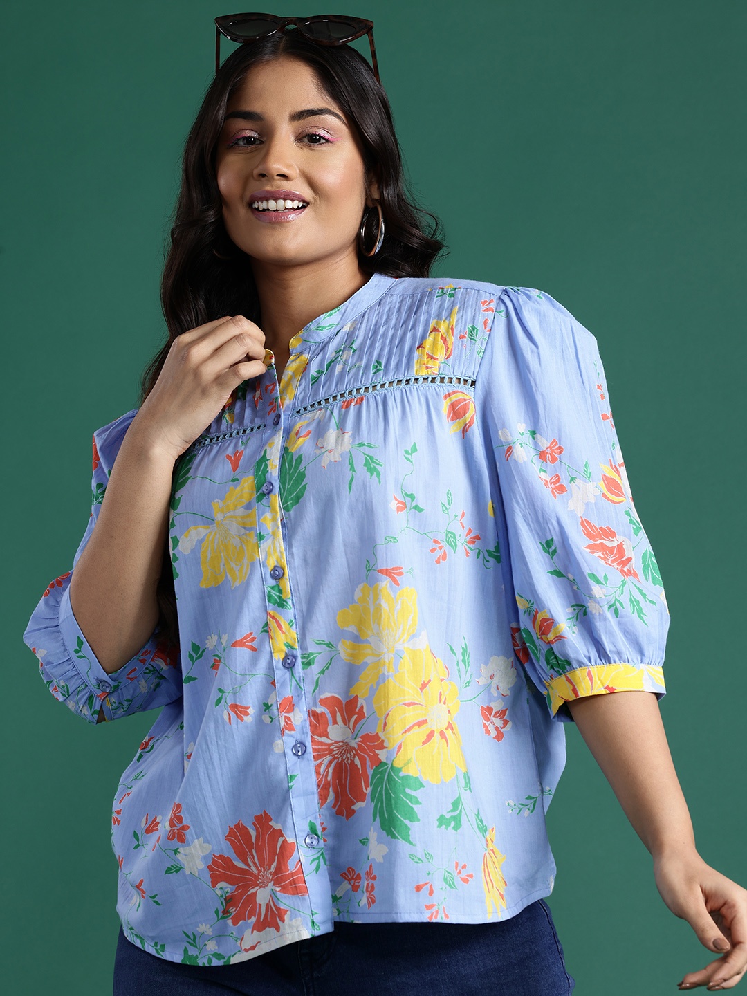 

DressBerry Curve Plus Size Floral Printed Puff Sleeves Shirt Style Top, Blue