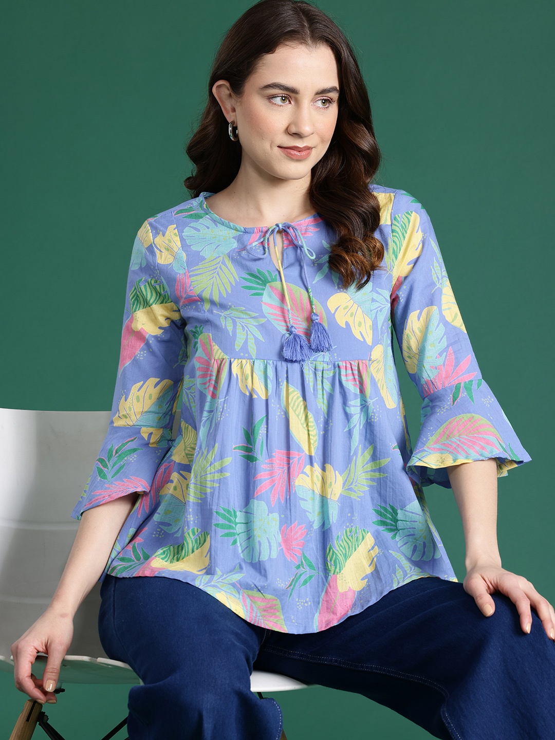 

DressBerry Floral Print Tie-Up Neck Cotton Top, Blue