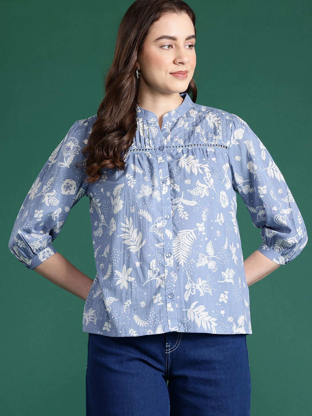 

DressBerry Floral Print Mandarin Collar Cotton Shirt Style Top, Blue