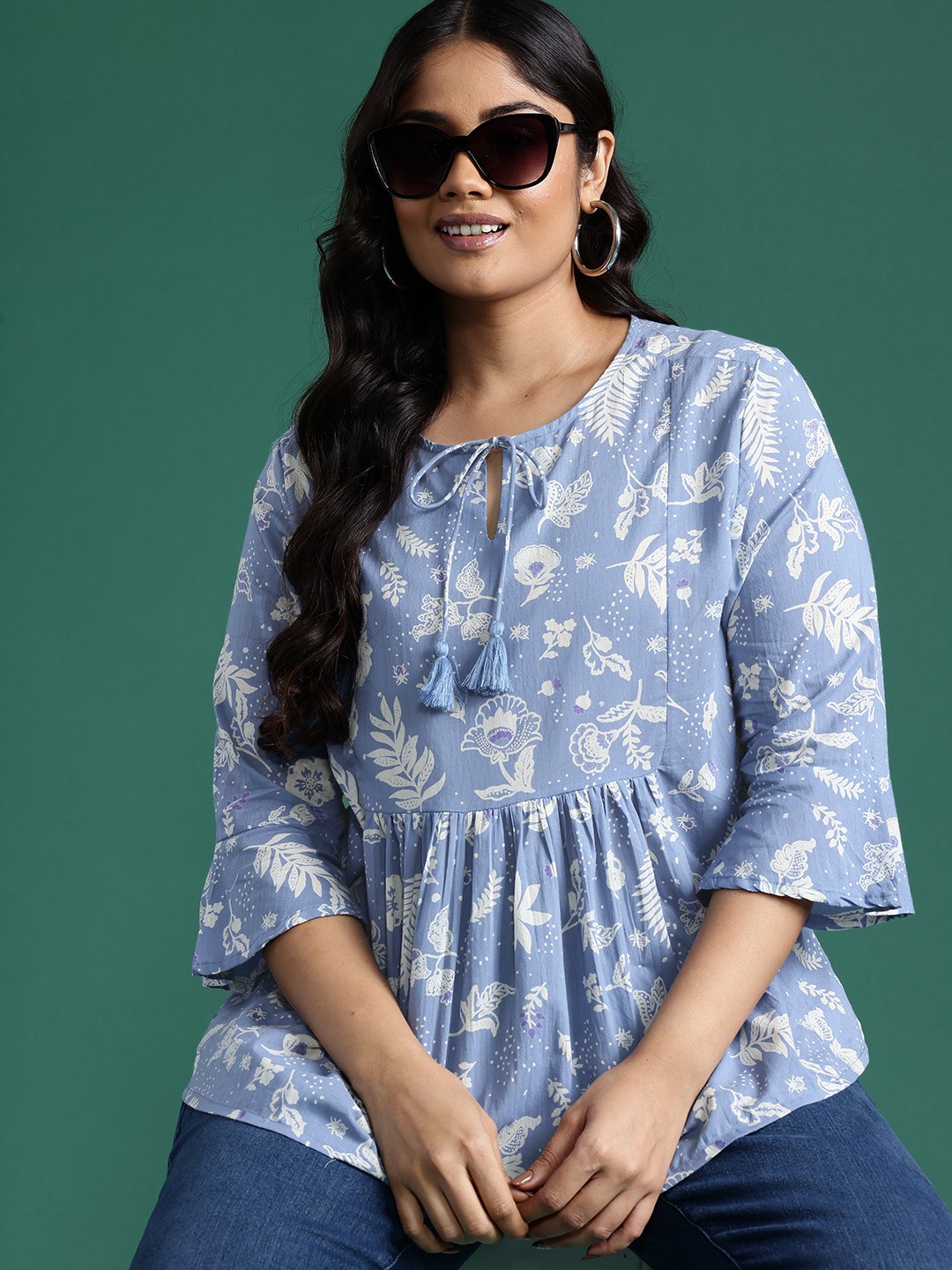 

DressBerry Curve Plus Size Floral Print Cotton Top, Blue