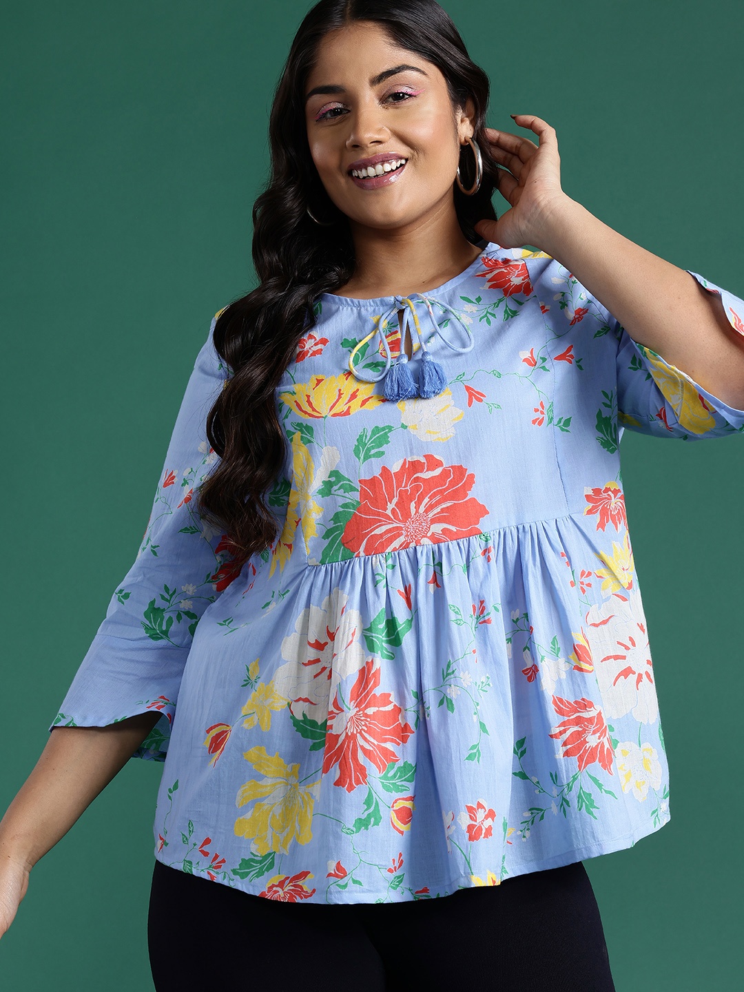 

DressBerry Curve Plus Size Floral Printed Tie-Up Neck Bell Sleeves Top, Blue