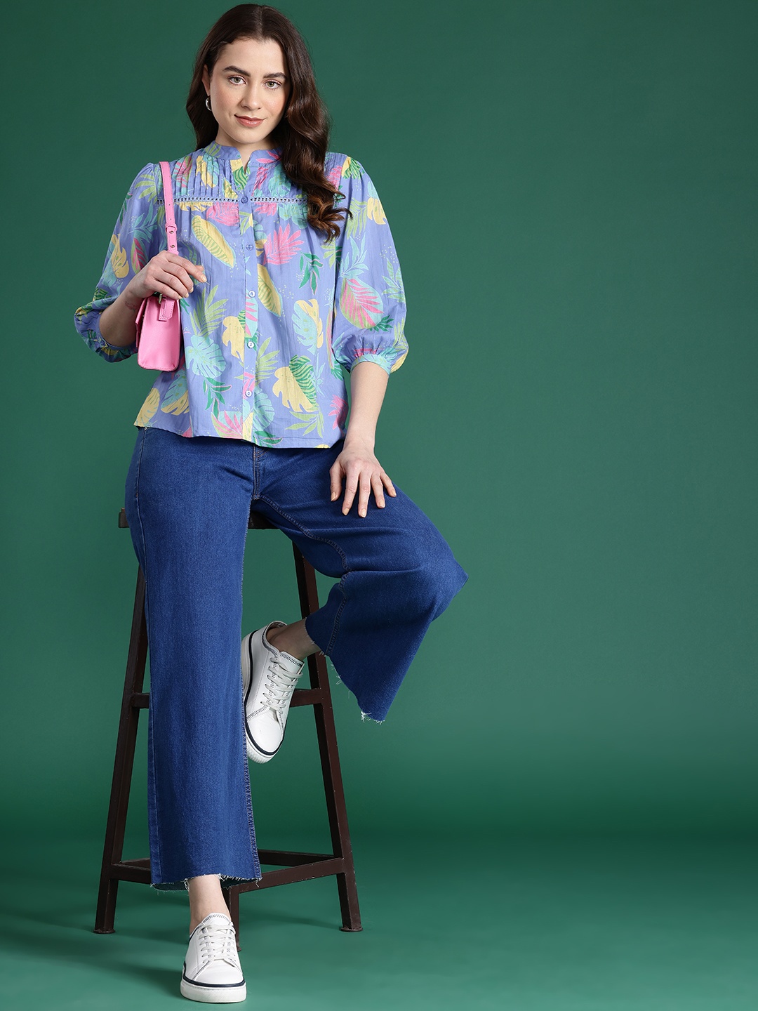 

DressBerry Printed Mandarin Collar Cotton Shirt Style Top, Blue