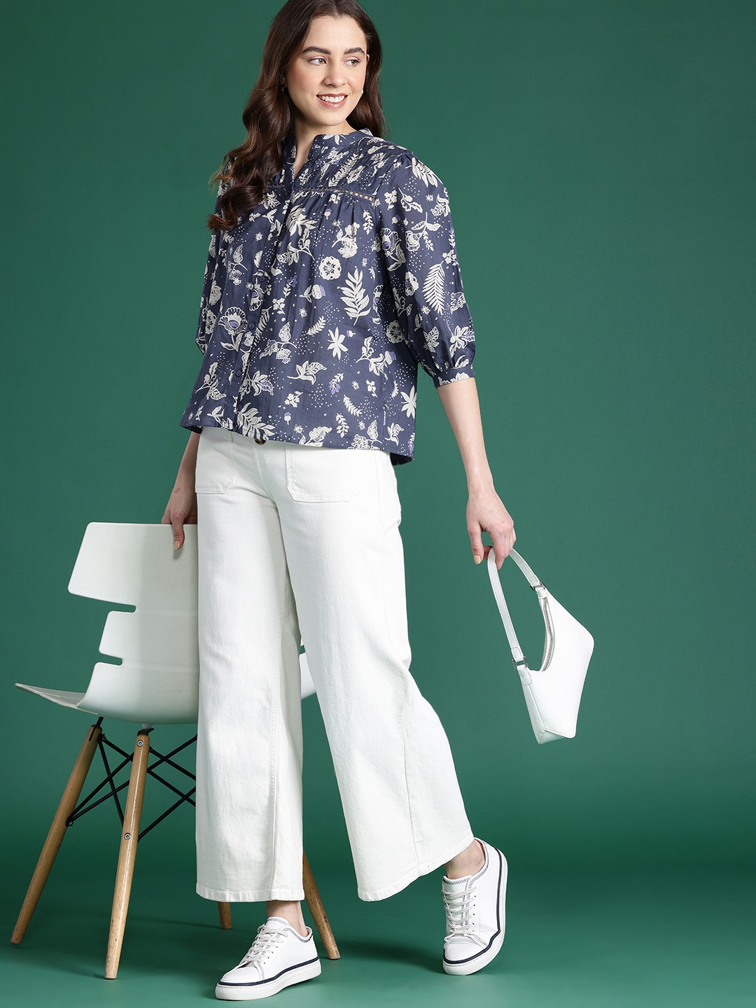 

DressBerry Floral Print Cotton Shirt Style Top, Navy blue