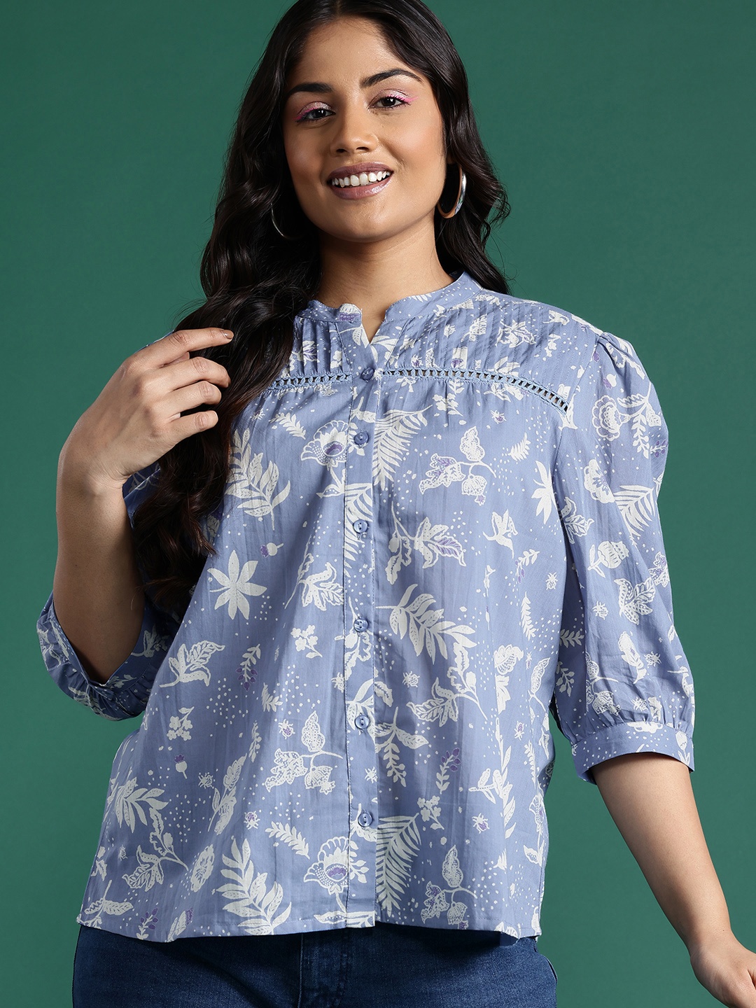 

DressBerry Curve Plus Size Floral Print Cotton Shirt Style Top, Blue