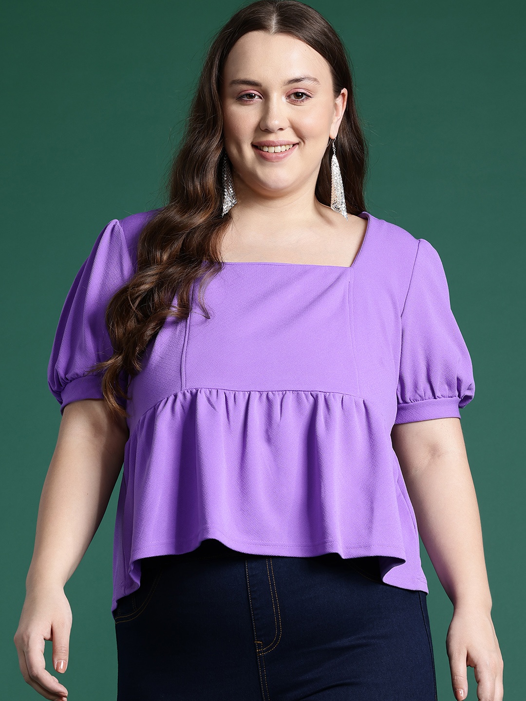

DressBerry Curve Plus Size Puff Sleeves Empire Top, Purple