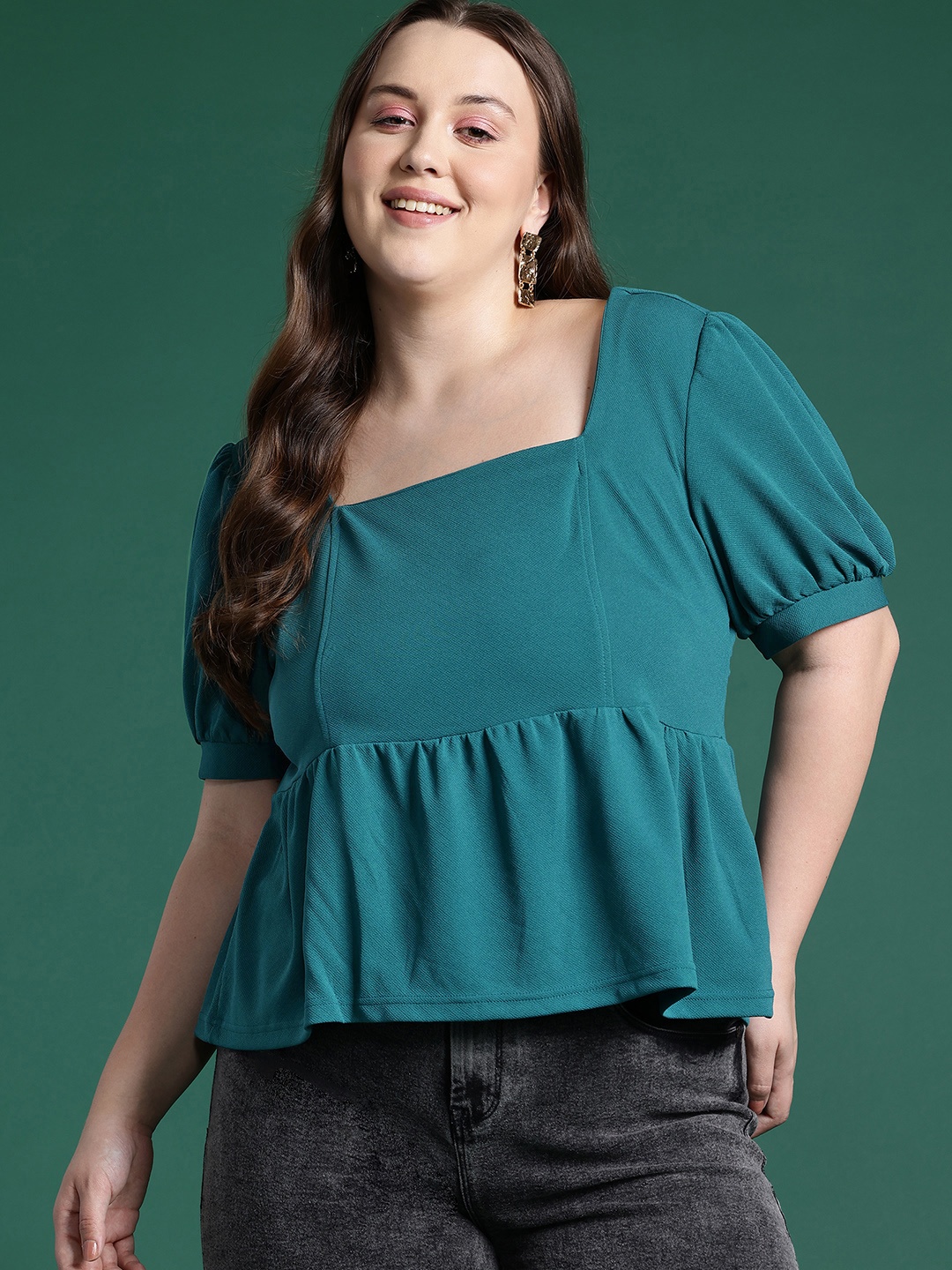 

DressBerry Curve Plus Size Puff Sleeves Empire Top, Teal