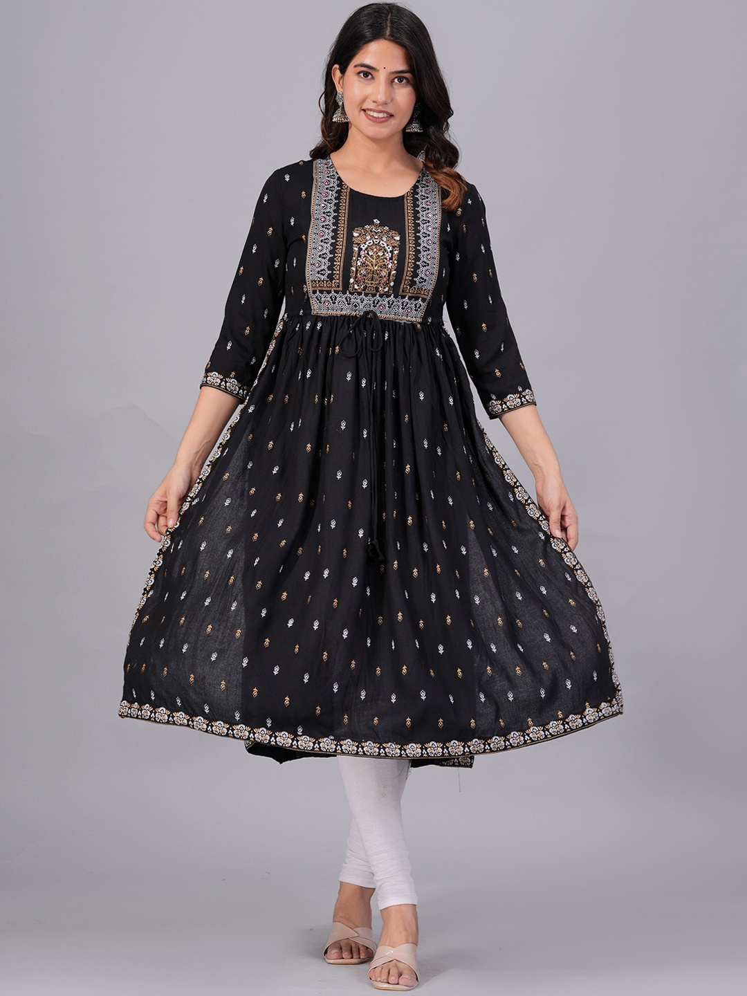 

SGRF Ethnic Motifs Printed Pleated Straight Maternity Kurta, Black