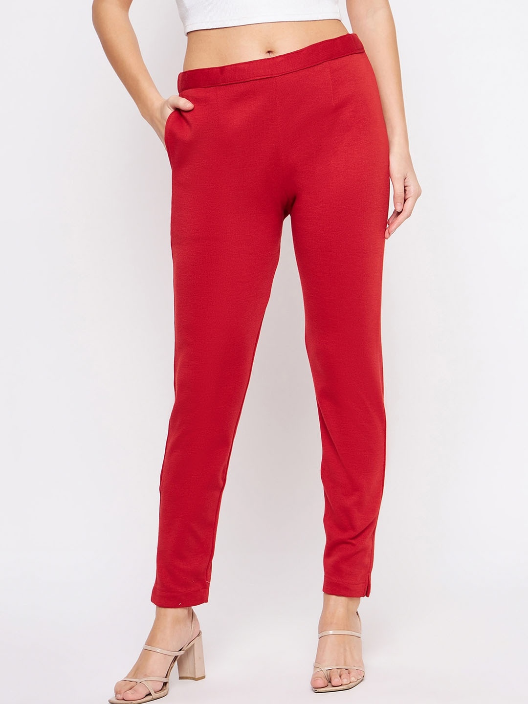 

Castle Lifestyle Women Mid-Rise Smart Wool Trousers, Red