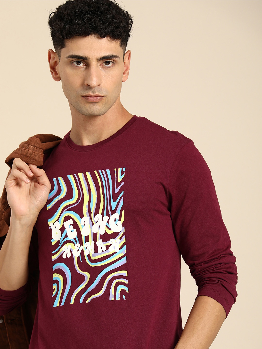 

Being Human Men Brand Logo & Abstract Print Pure Cotton T-shirt, Maroon