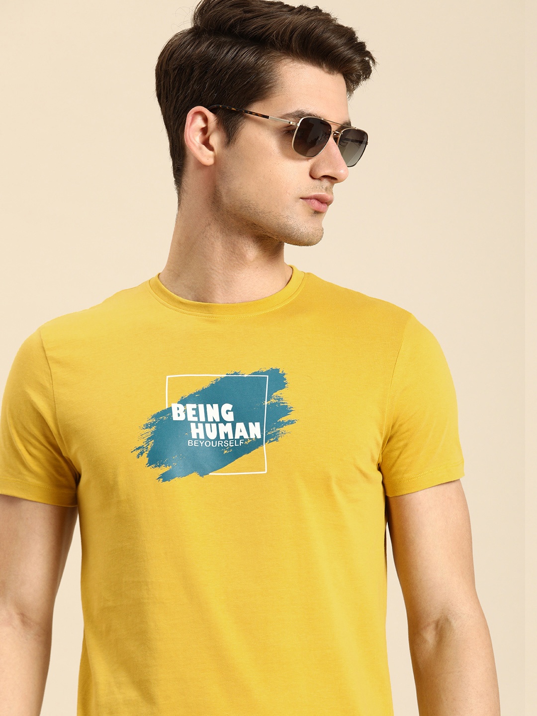 

Being Human Brand Logo Printed Pure Cotton T-shirt, Mustard