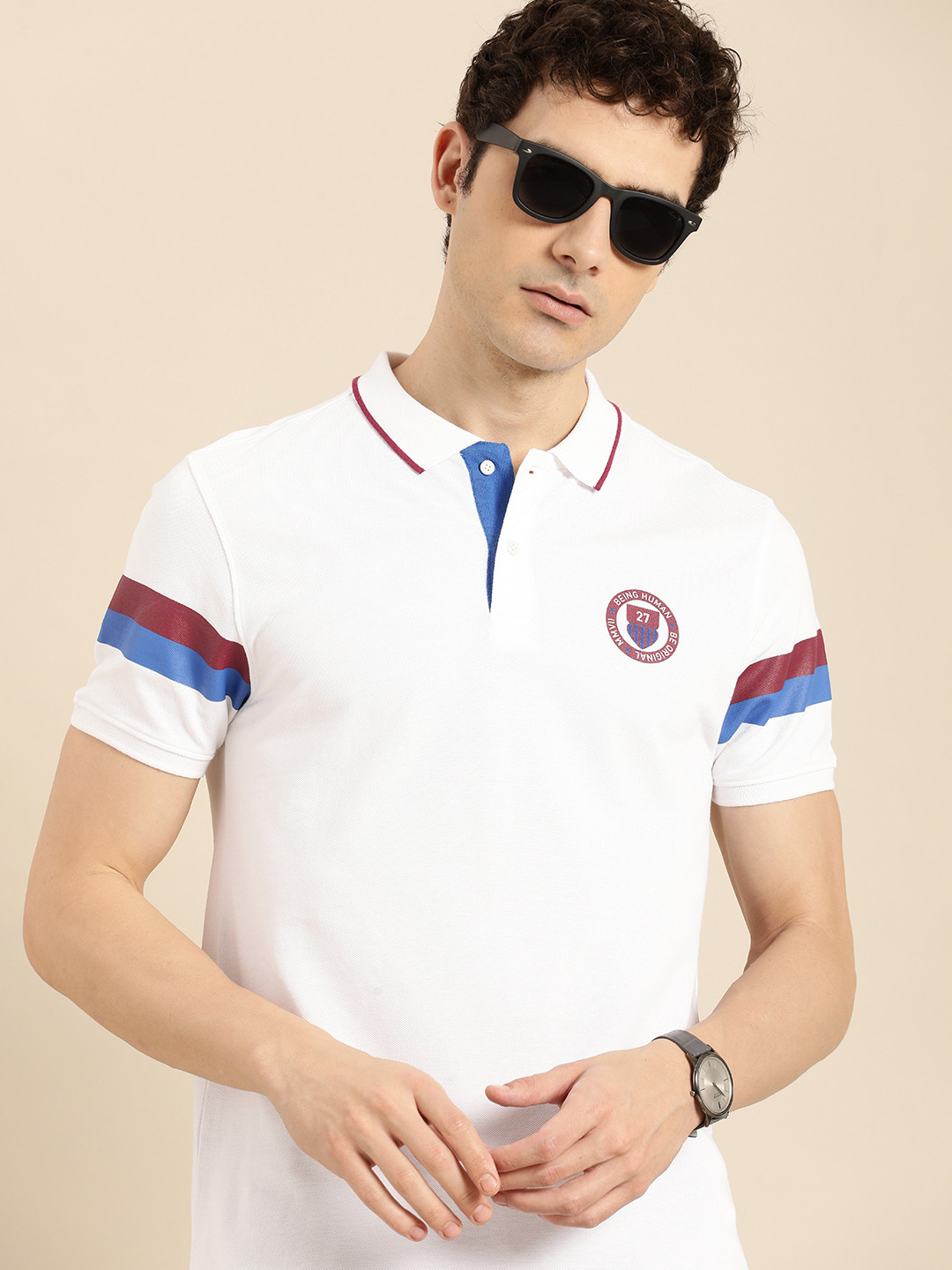 

Being Human Striped Polo Collar Pure Cotton T-shirt, White