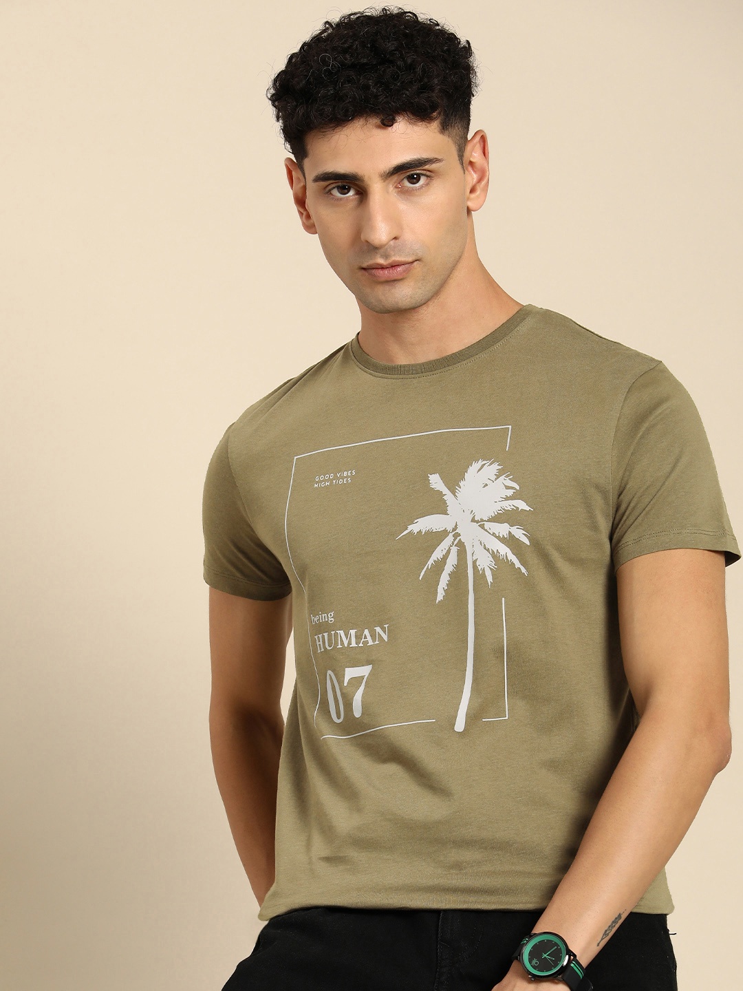 

Being Human Men Brand Logo & Graphic Print Pure Cotton T-shirt, Olive