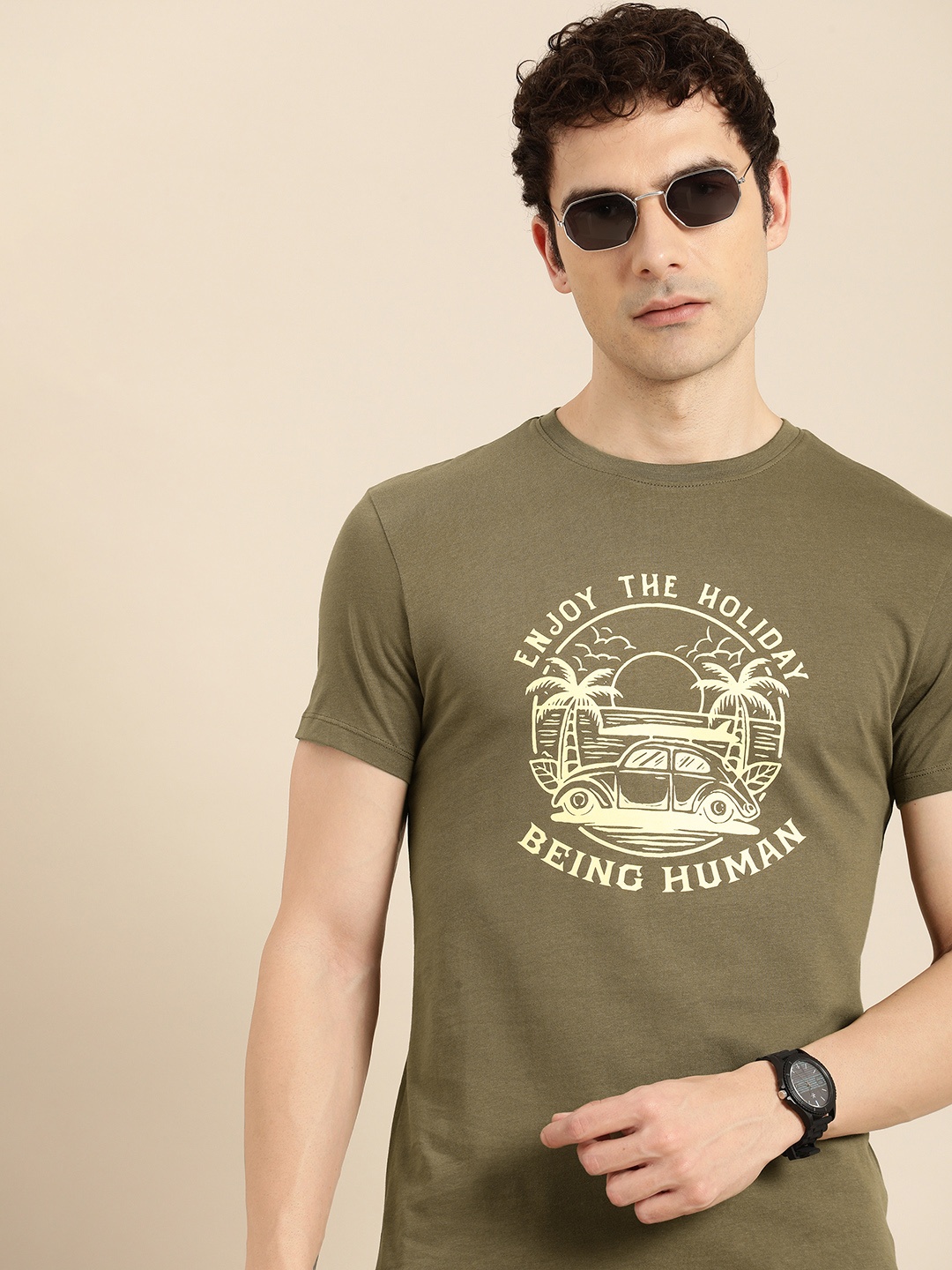 

Being Human Printed Pure Cotton T-shirt, Olive