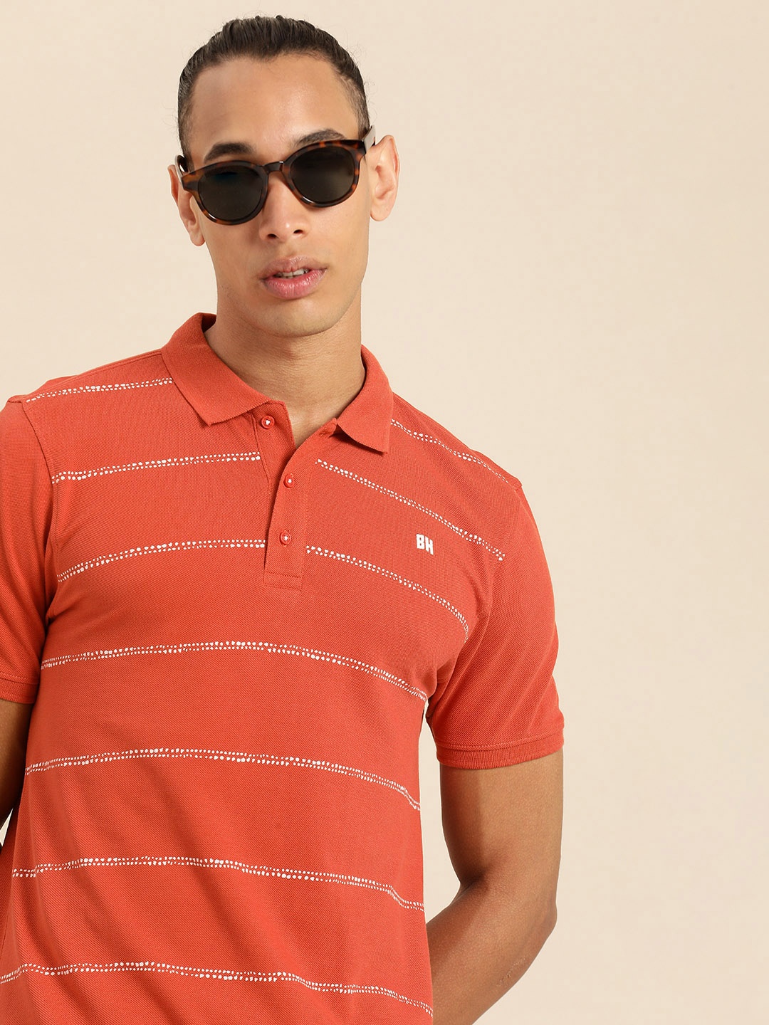 

Being Human Striped Polo Collar Pure Cotton T-shirt, Rust