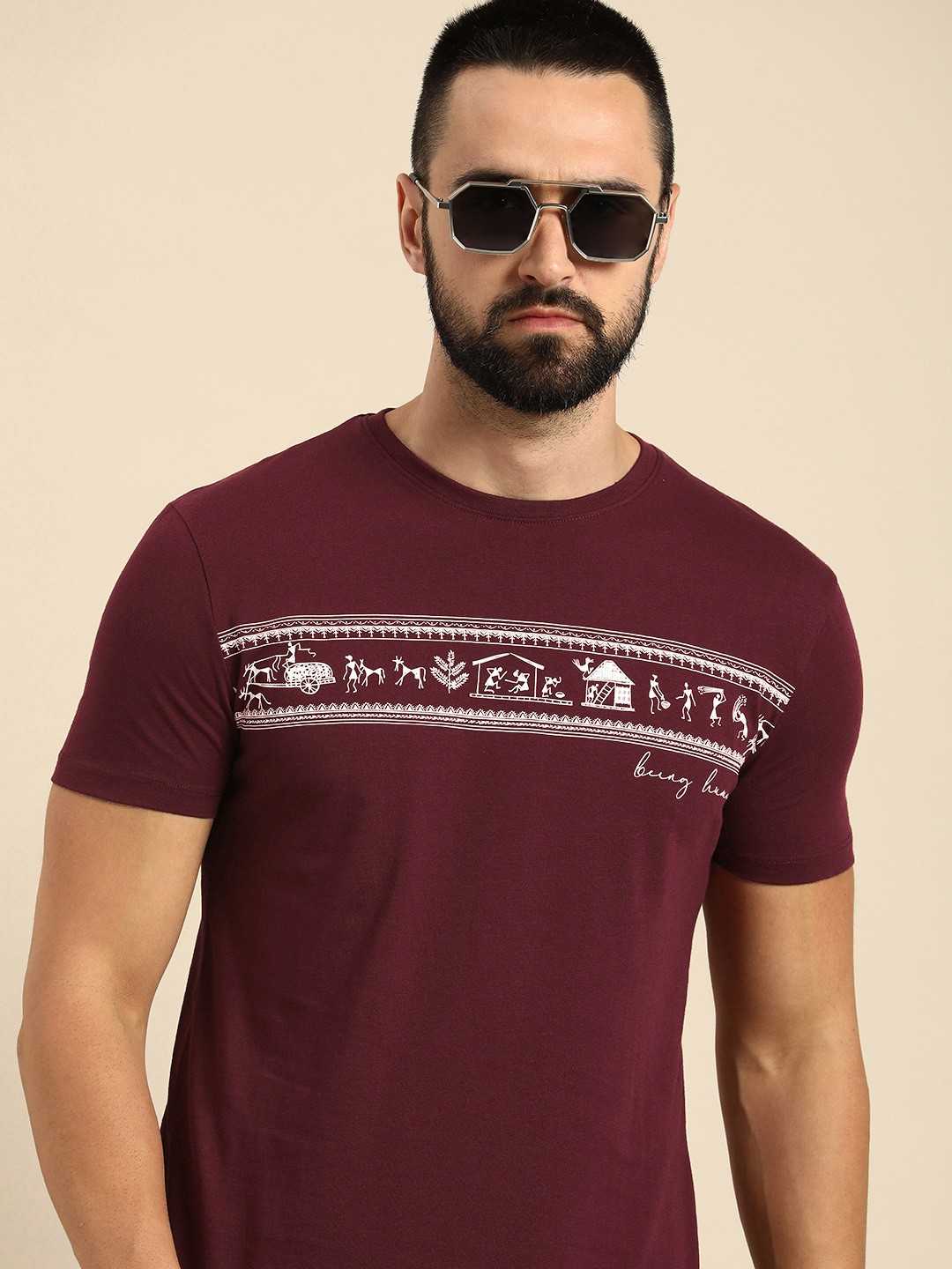 

Being Human Pure Cotton Conversational Printed Casual T-shirt, Burgundy