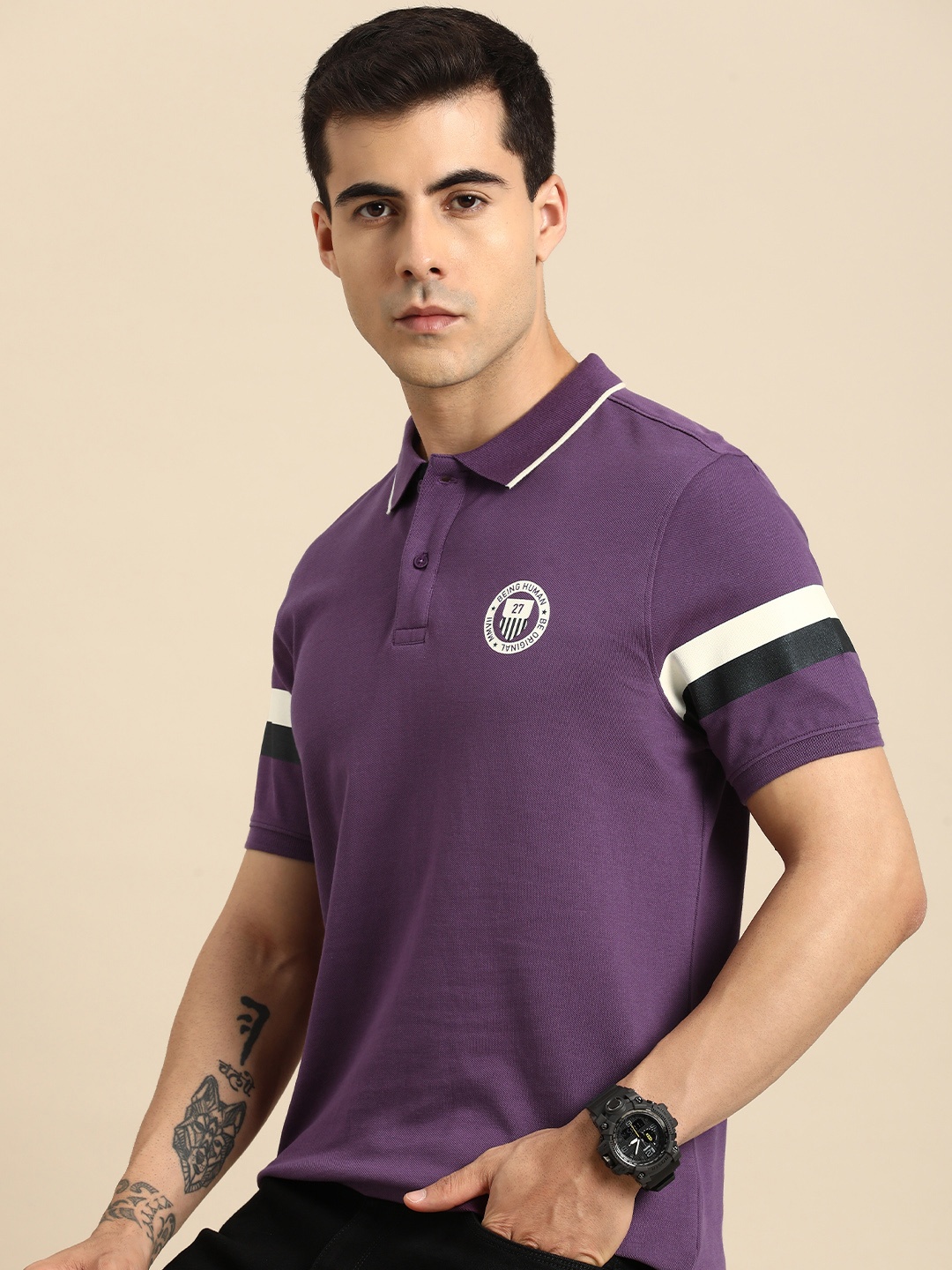 

Being Human Men Polo Collar Pure Cotton T-shirt, Purple