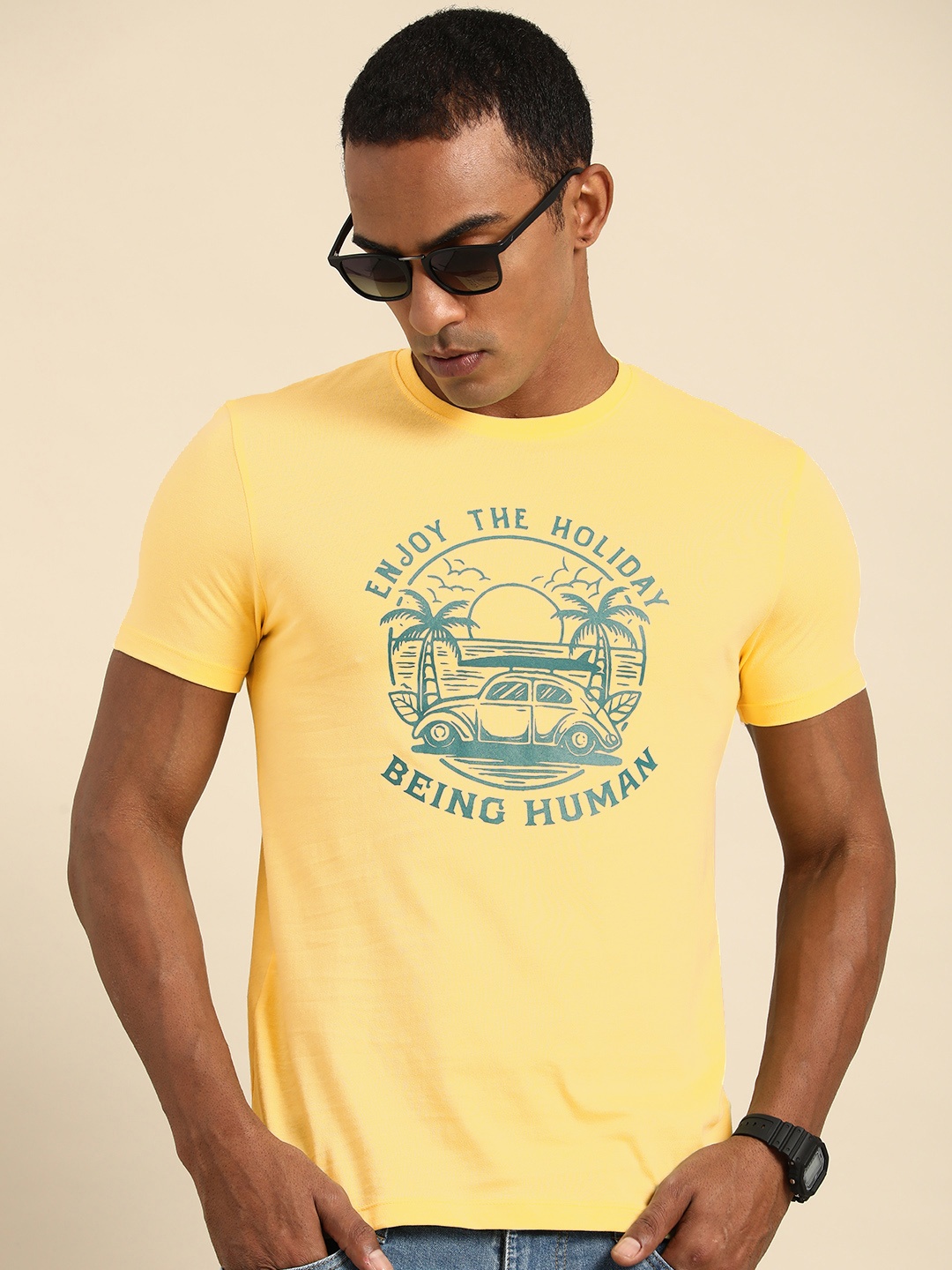 

Being Human Round Neck Printed Pure Cotton T-shirt, Yellow