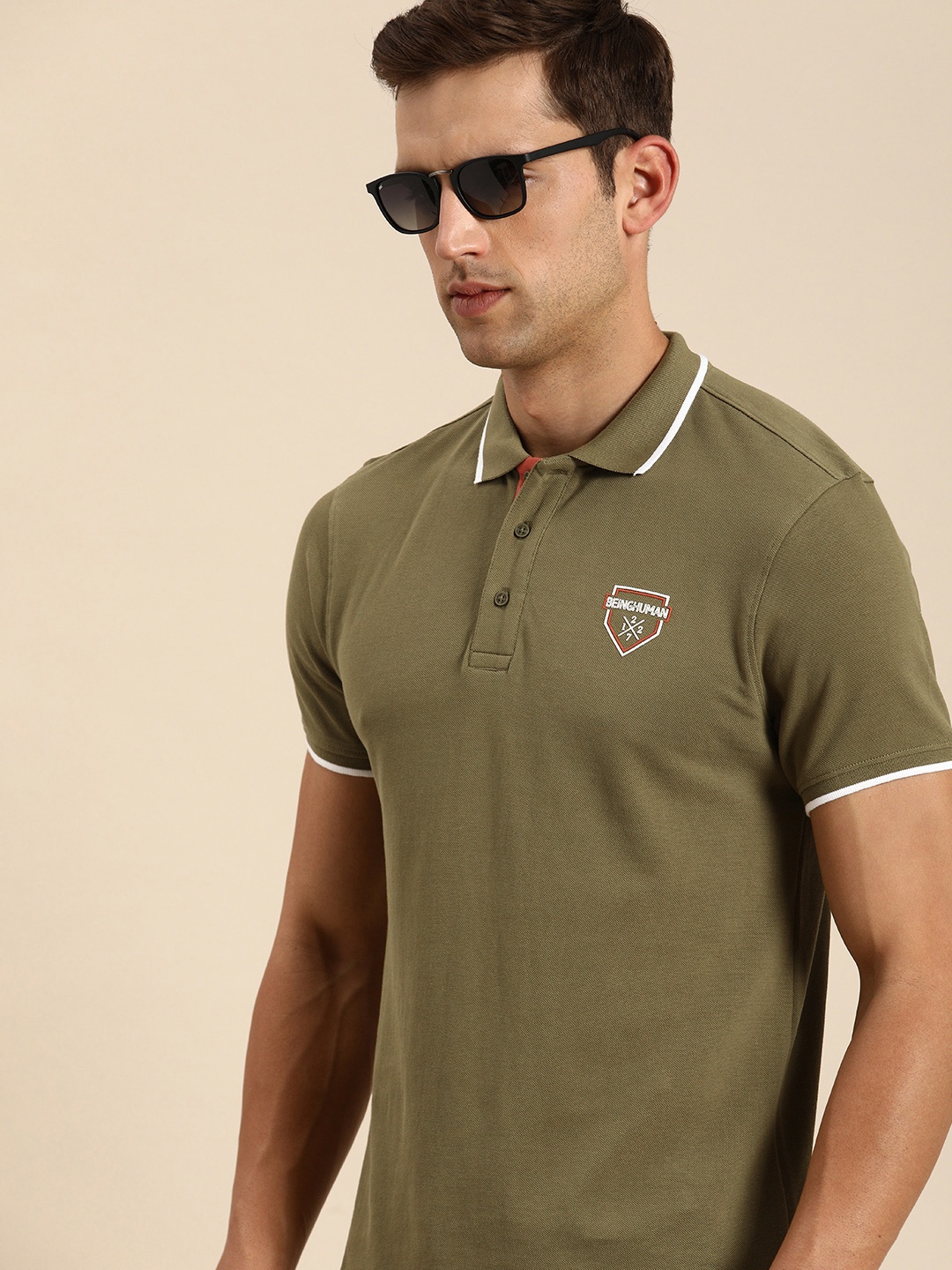 

Being Human Pure Cotton Solid Polo Collar Casual T-shirt, Olive