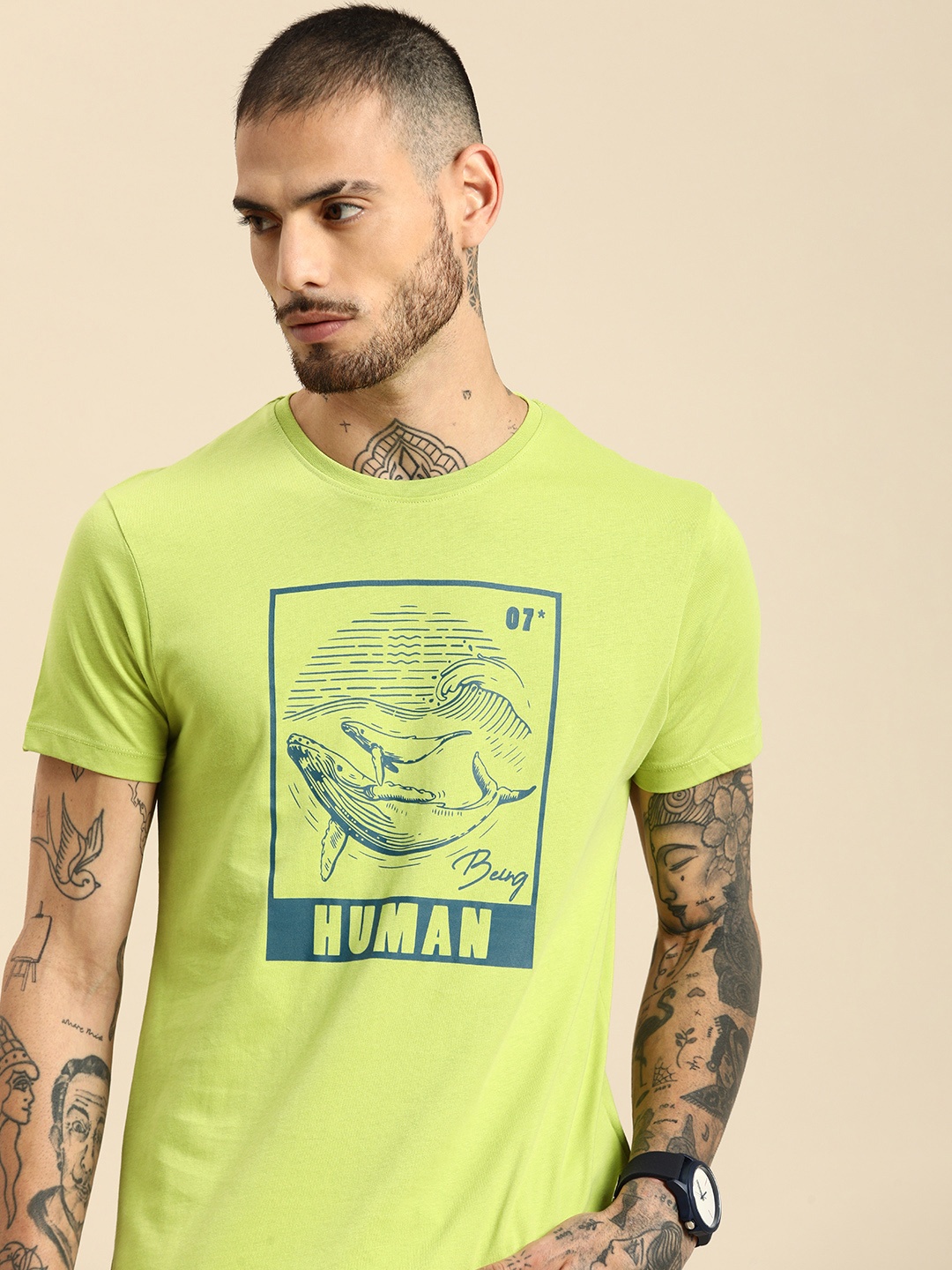 

Being Human Graphic Printed Pure Cotton T-shirt, Green