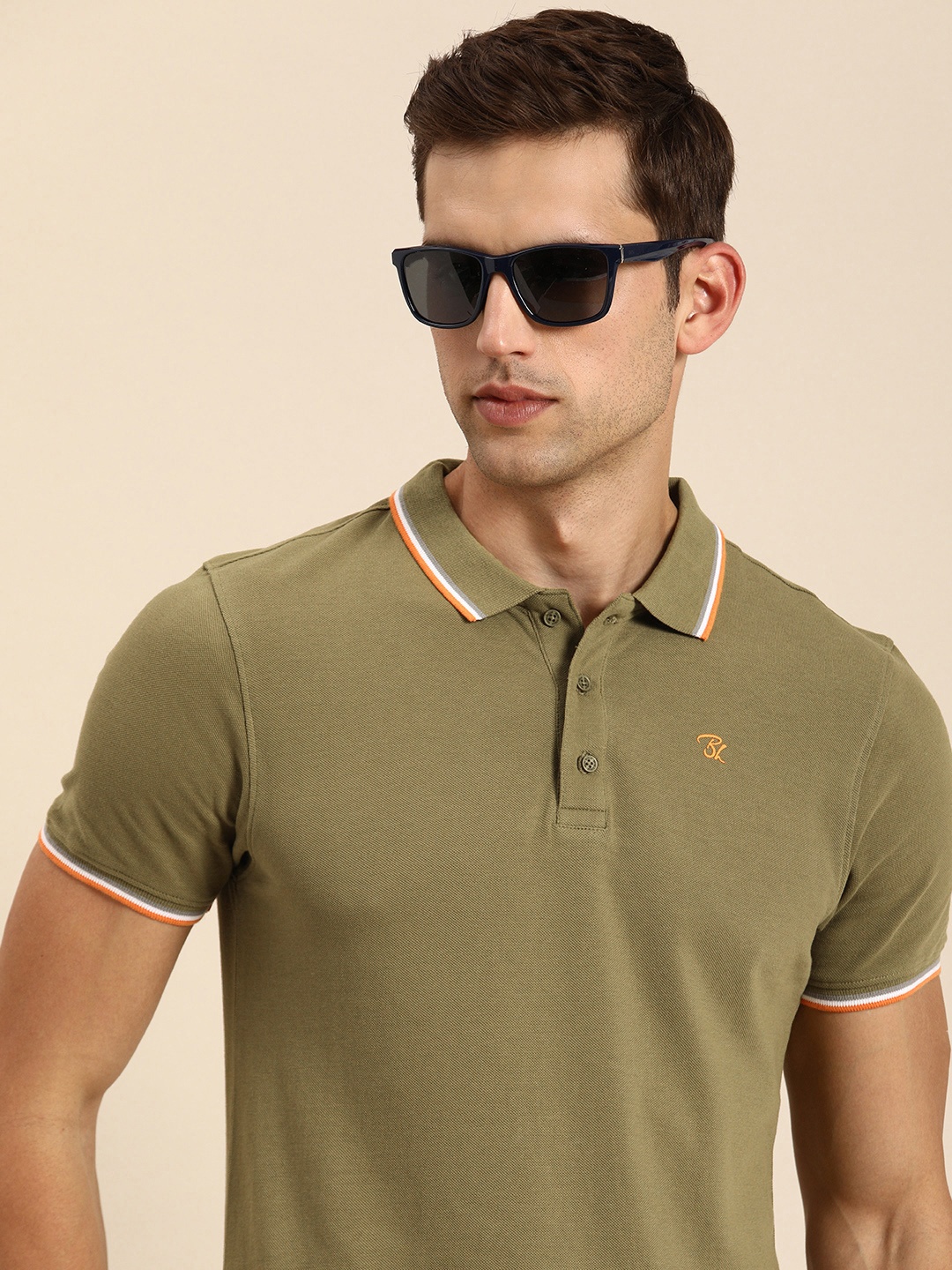 

Being Human Pure Cotton Solid Polo Collar Casual T-shirt, Olive