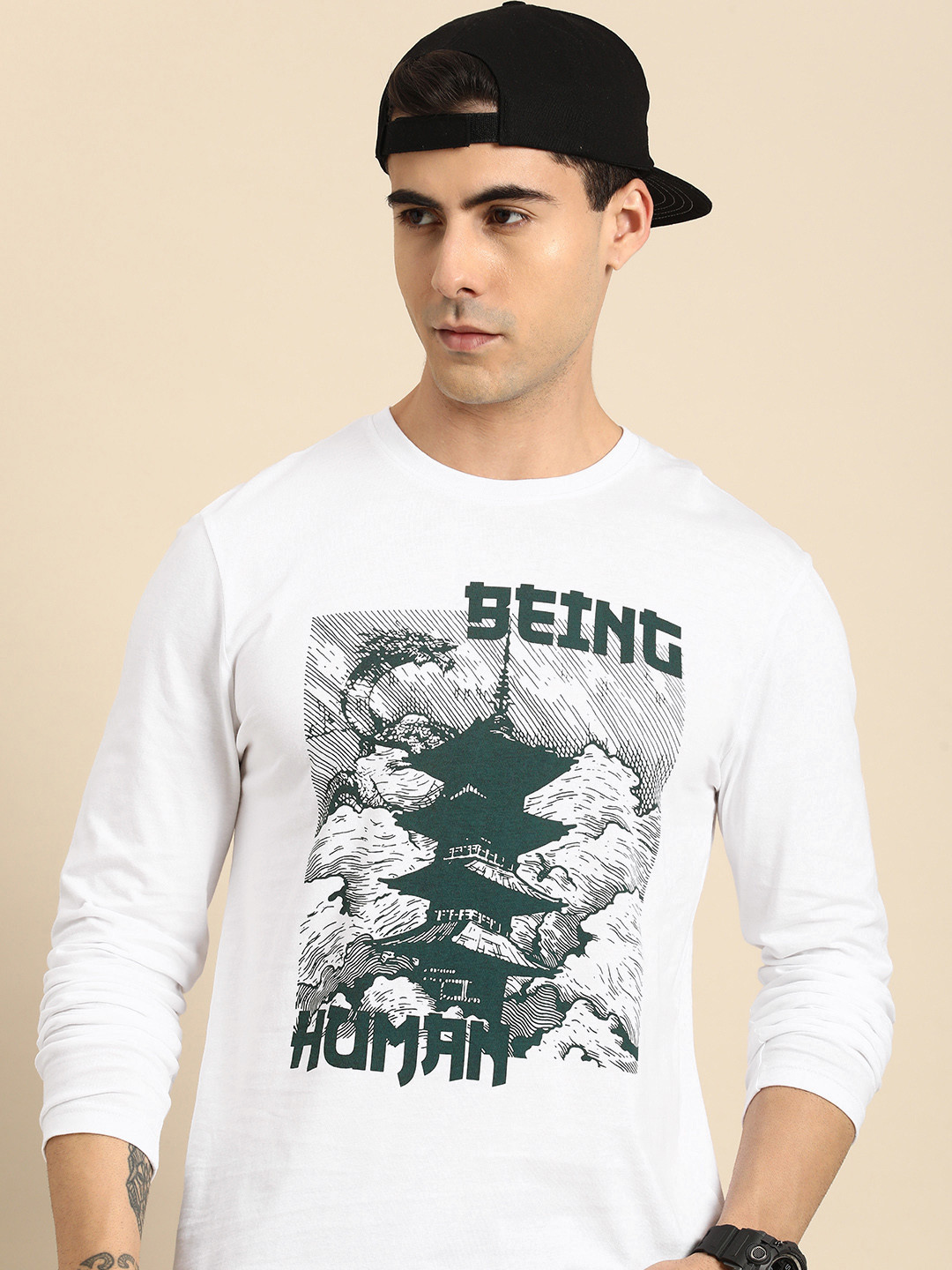 

Being Human Men Brand Logo Printed Pure Cotton T-shirt, White