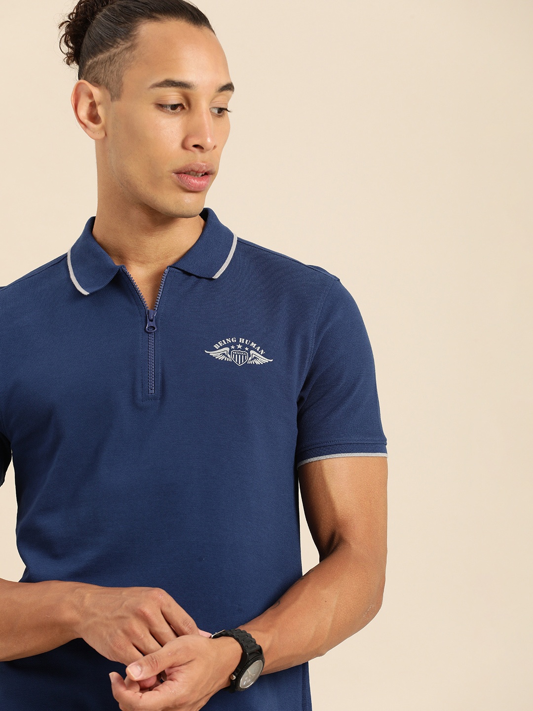 

Being Human Polo Collar Pure Cotton T-shirt, Navy blue