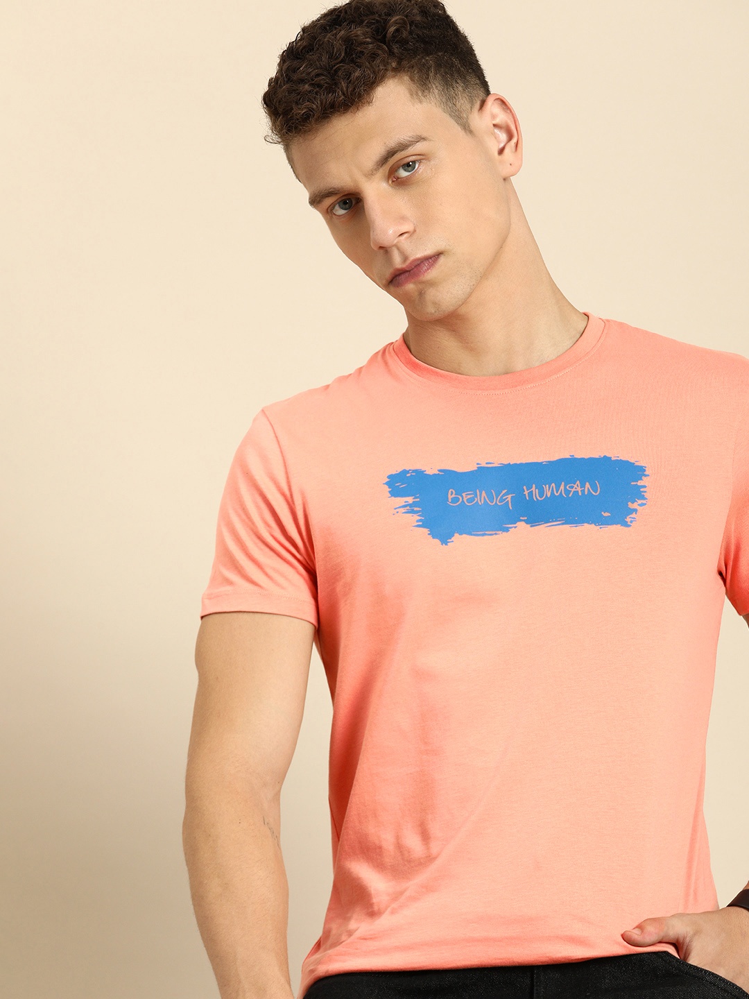 Being Human Brand Logo Printed Pure Cotton T-shirt, Peach