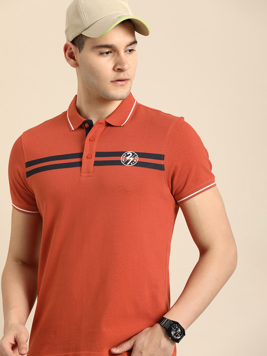 

Being Human Striped Polo Collar Pure Cotton T-shirt, Rust