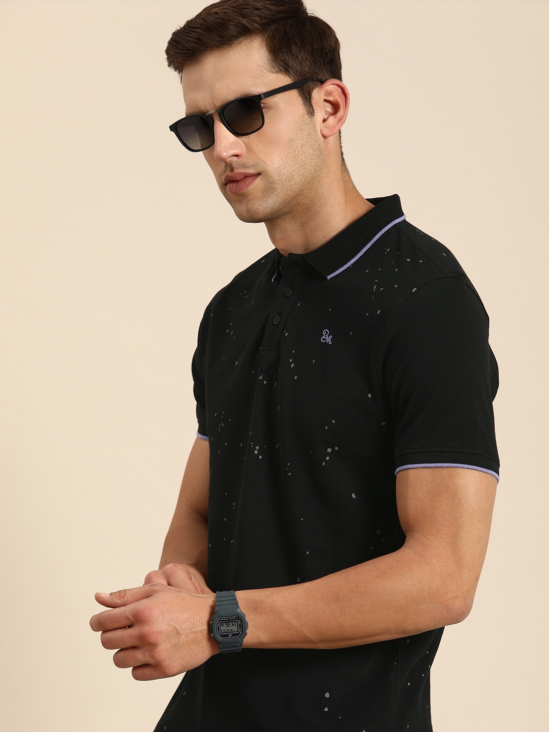 

Being Human Pure Cotton Abstract Printed Polo Collar Casual T-shirt, Black