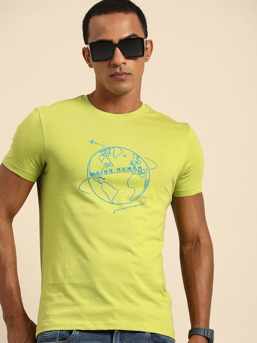 

Being Human Men Brand Logo Printed Pure Cotton T-shirt, Lime green