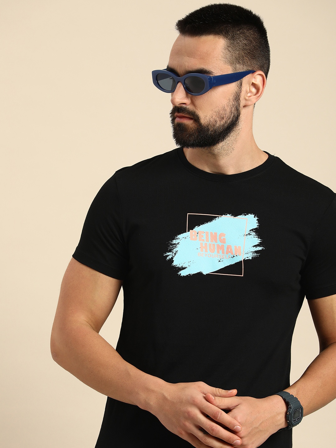 

Being Human Pure Cotton Brand Logo Printed Casual T-shirt, Black