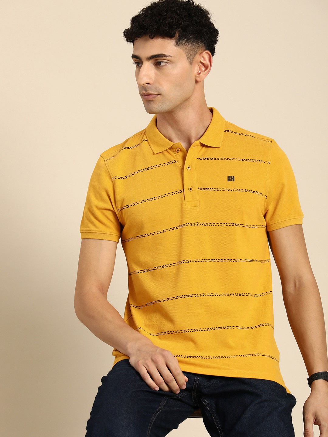 

Being Human Pure Cotton Polo Collar Striped T-shirt, Mustard