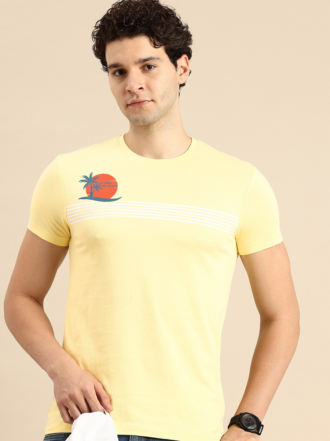 

Being Human Striped Pure Cotton T-shirt, Yellow