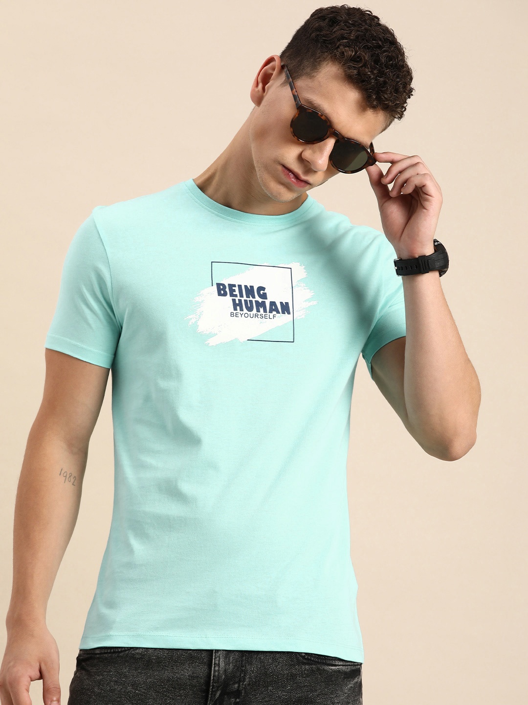 

Being Human Pure Cotton Brand Logo Printed Casual T-shirt, Blue