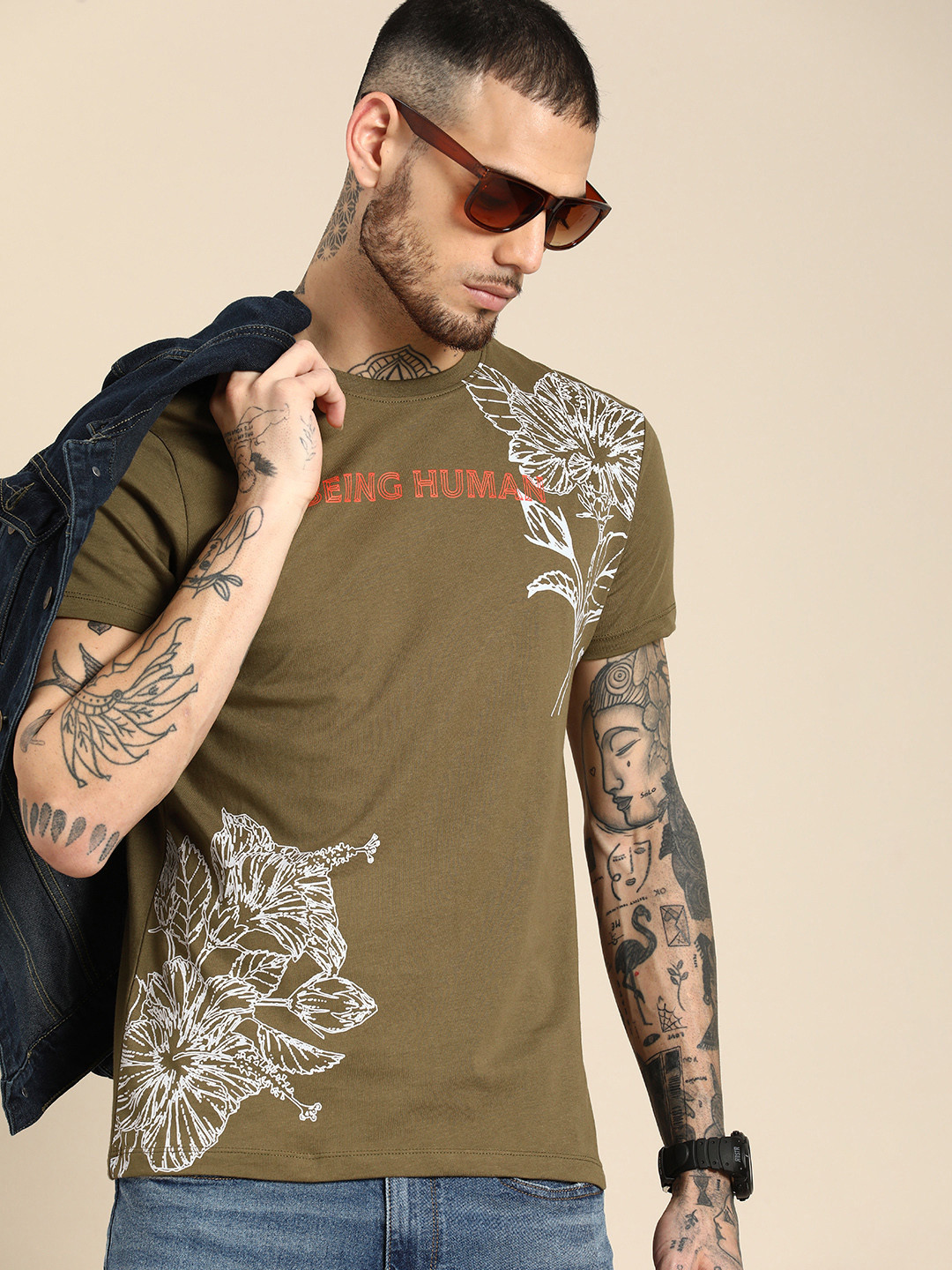 

Being Human Graphic Printed Pure Cotton T-shirt, Olive