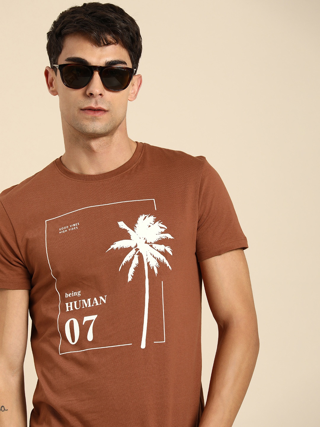

Being Human Men Brand Logo & Graphic Print Pure Cotton T-shirt, Brown